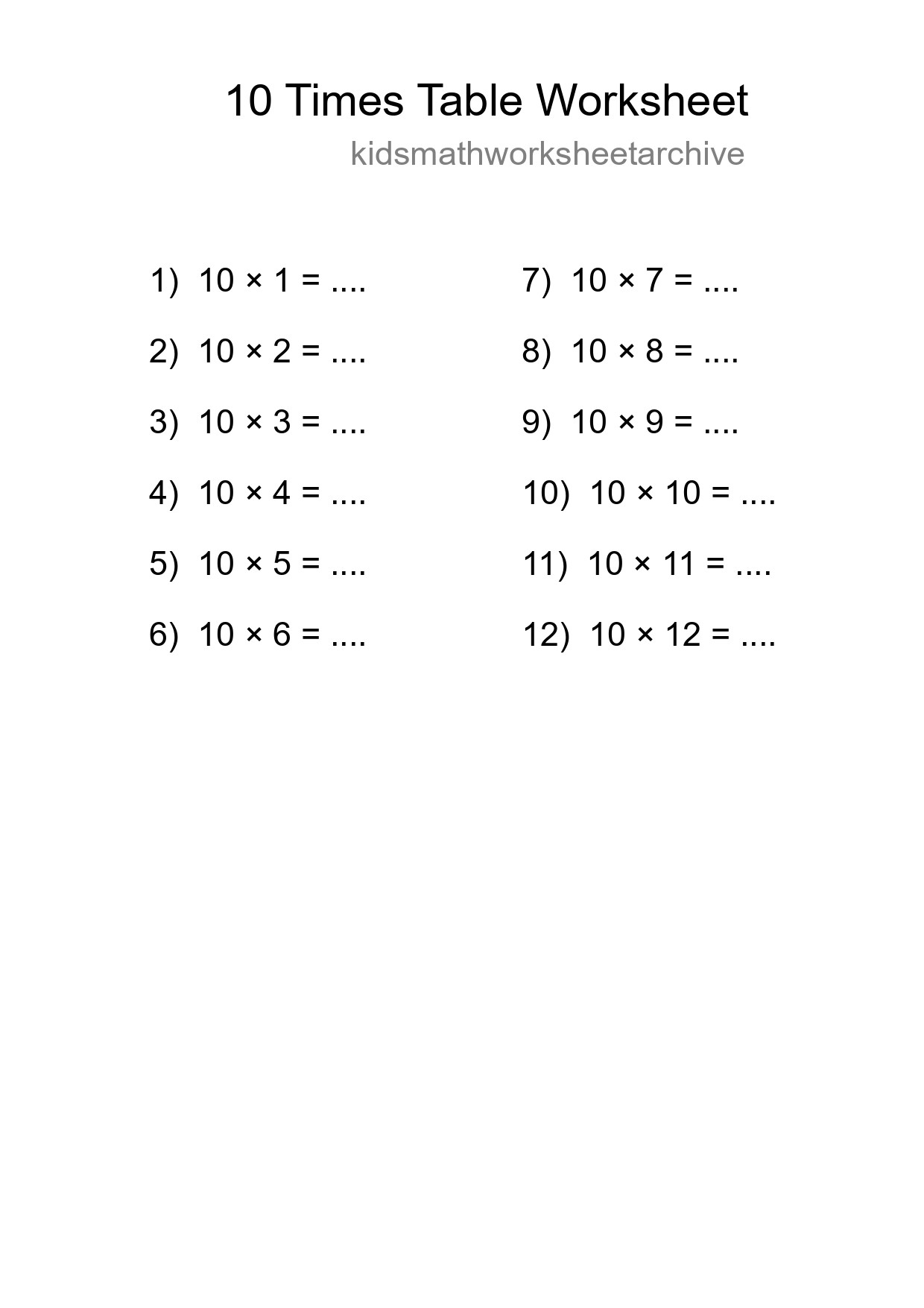 10 Times Table Worksheet For Grade 3 - Part 174