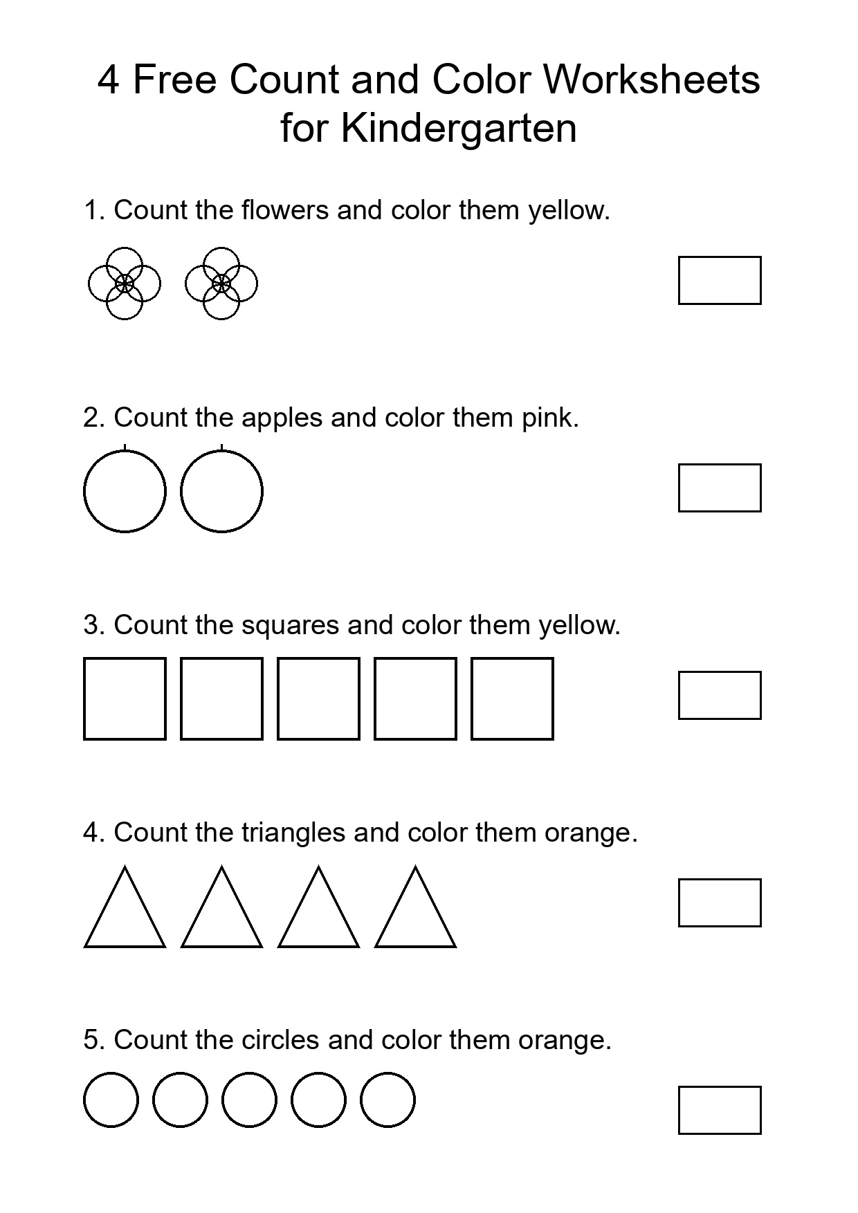 4 Free Count and Color Worksheets for Kindergarten
