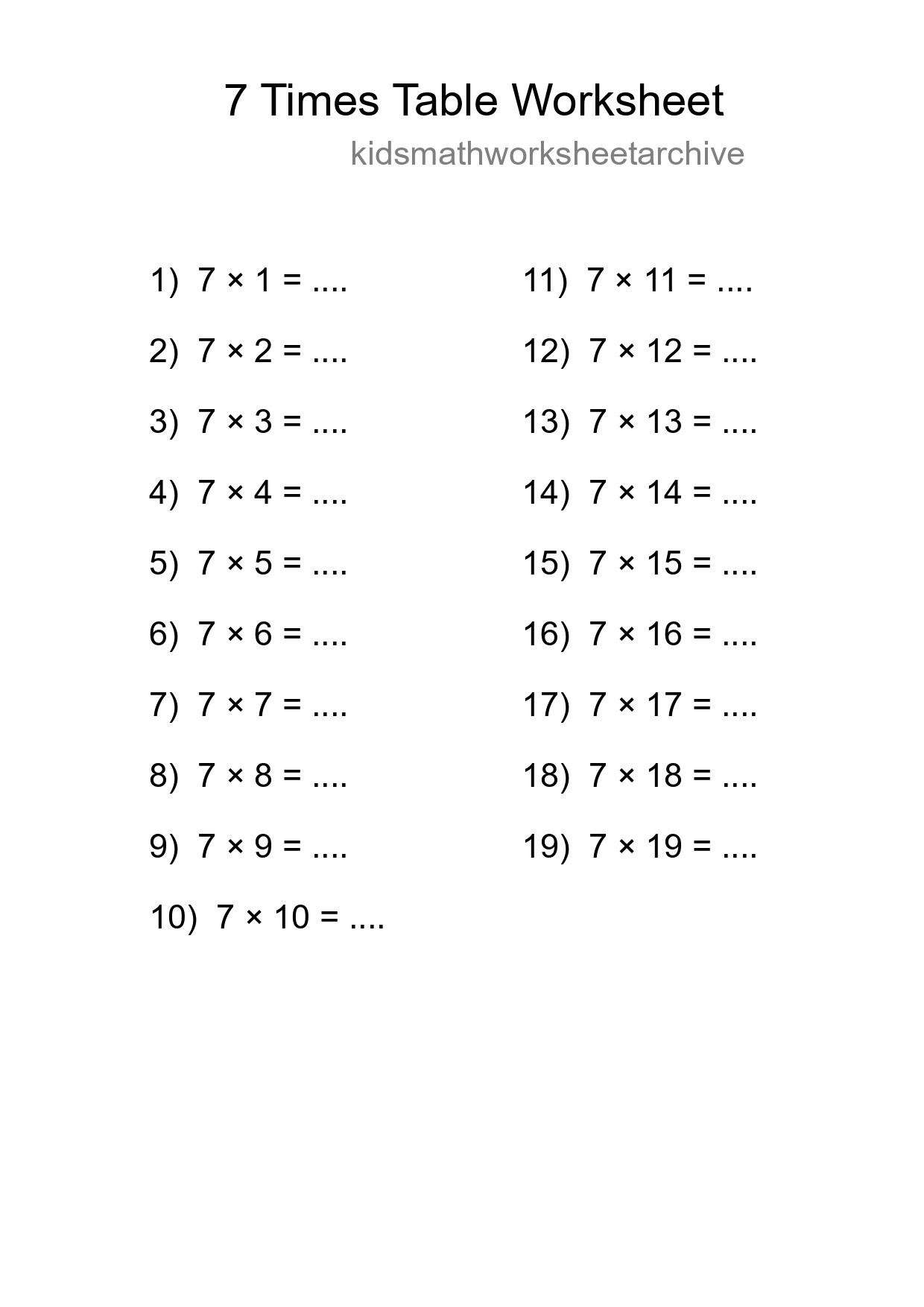 7 Times Table Worksheet For Grade 3 - Part 75