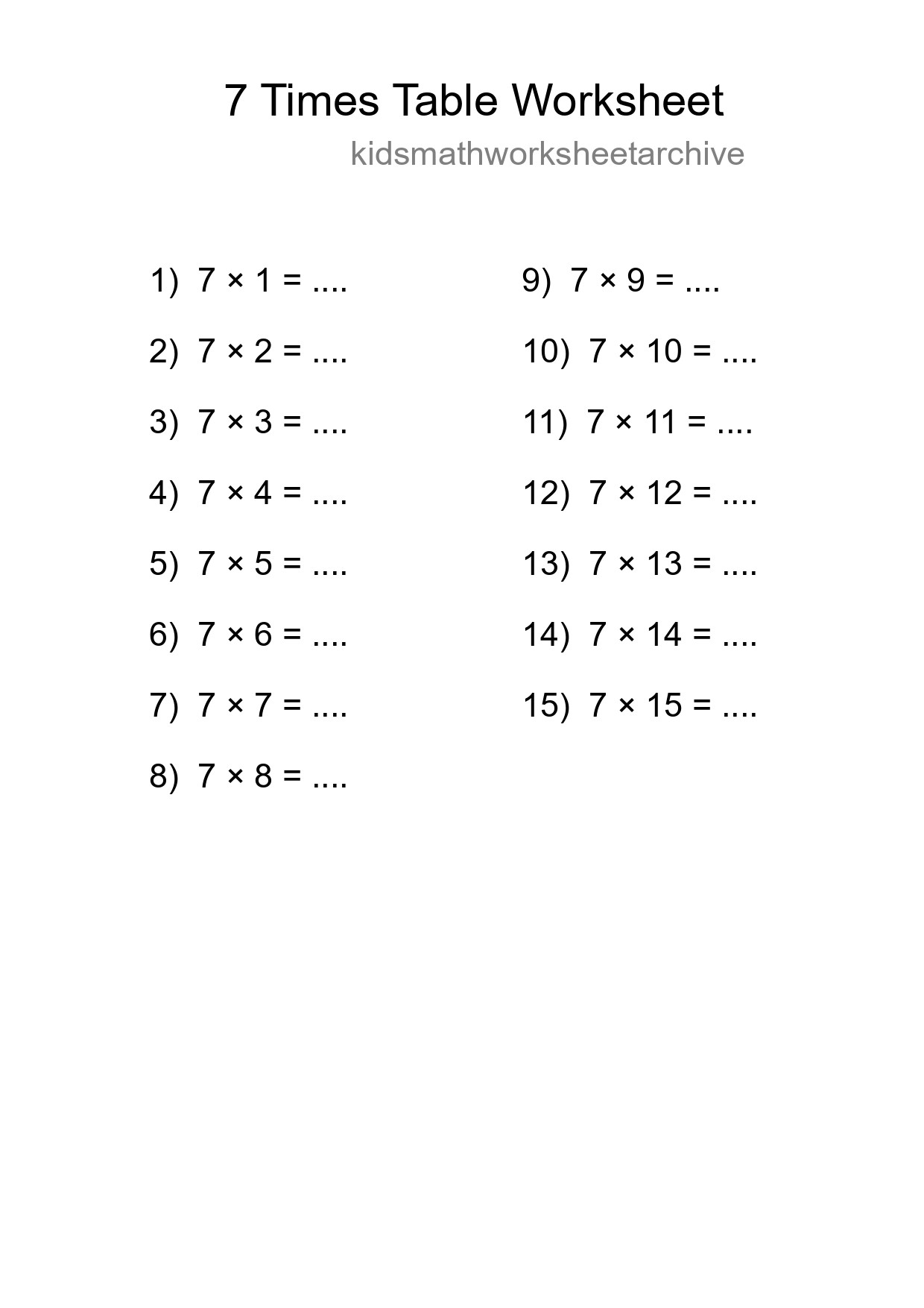 7 Times Table Worksheet For Grade 3 - Part 9