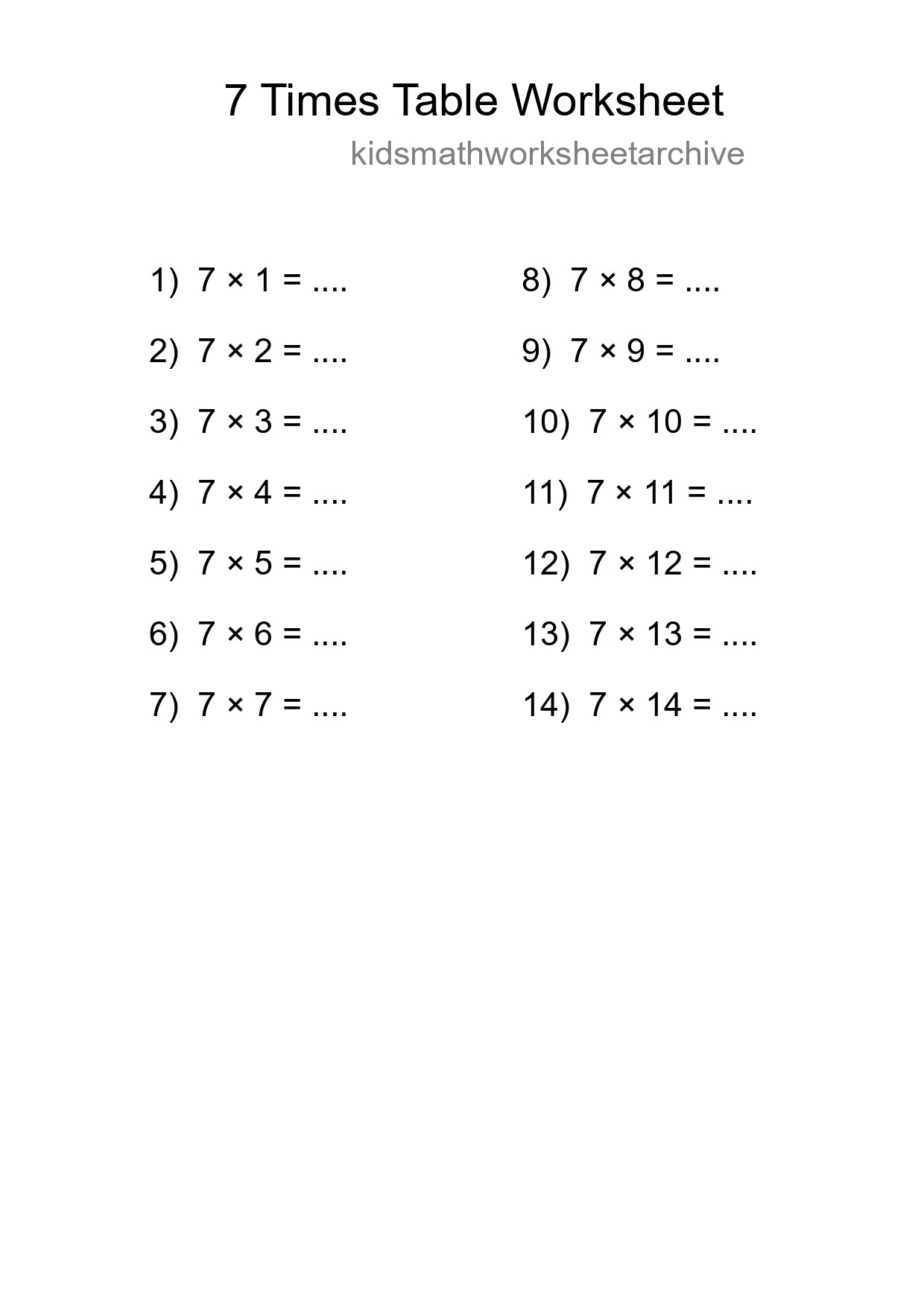 7 Times Table Worksheet For Grade 3 With Answers - Part 97