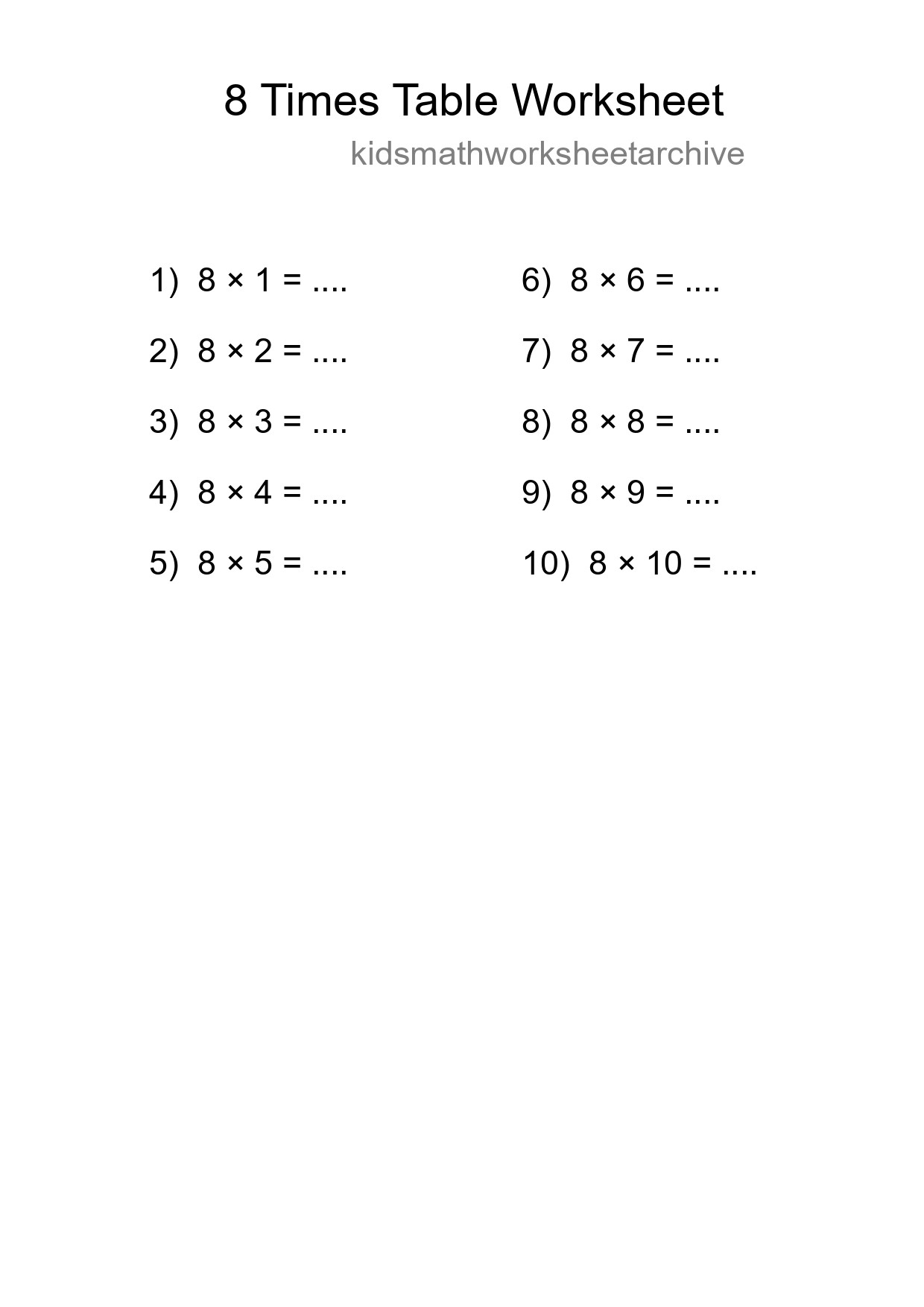 8 Times Table Worksheet For Grade 3 With Answers - Part 108