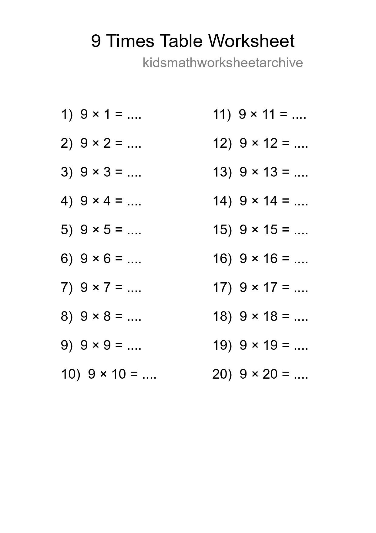 9 Times Table Worksheet For Grade 3 - Part 273
