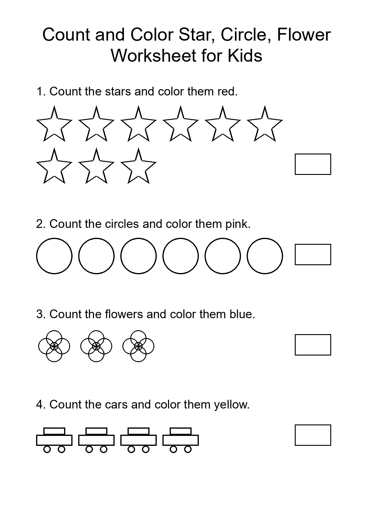 Count and Color Star, Circle, Flower Worksheet for Kids