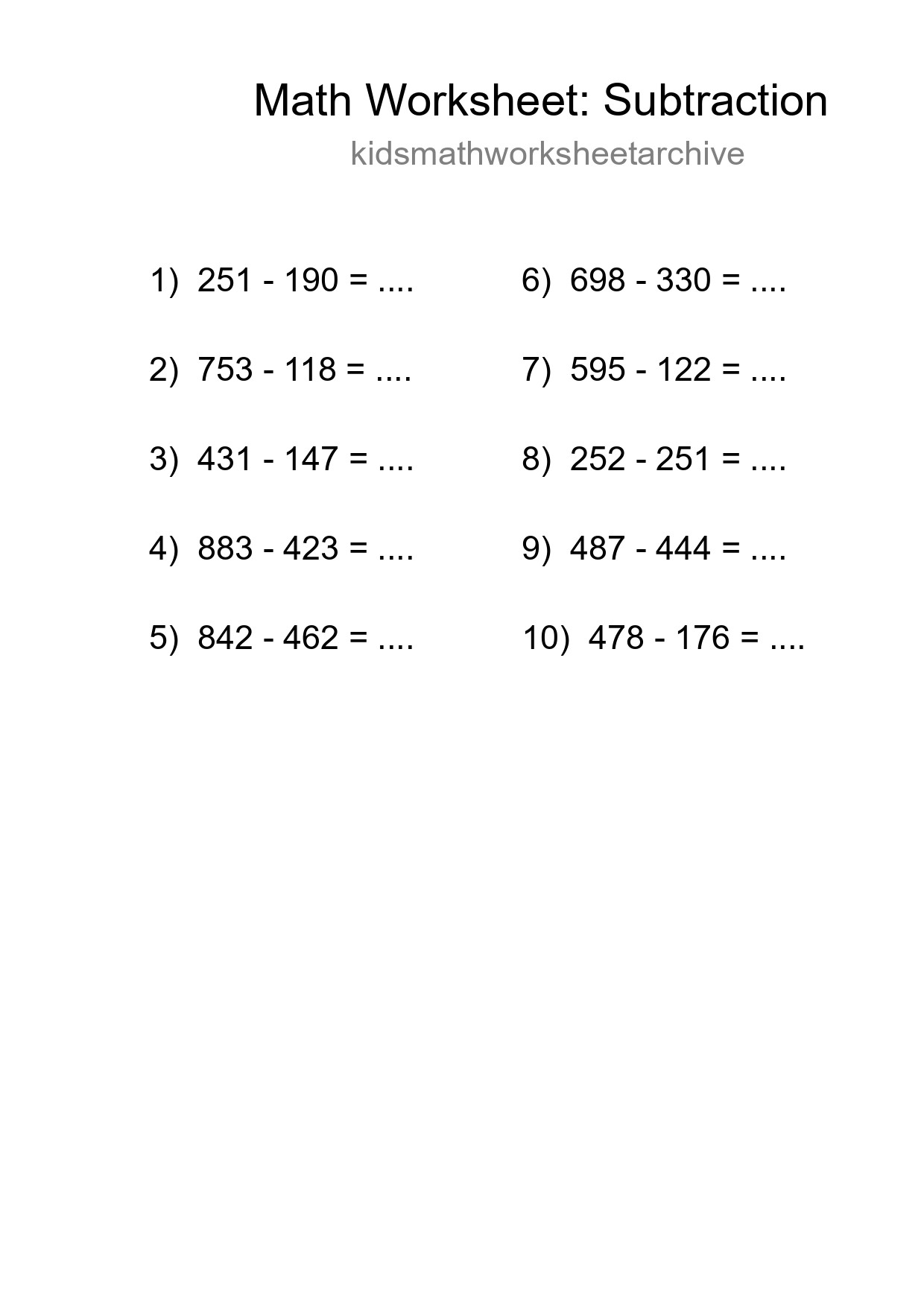 Free 10 Subtraction Math Worksheet For Grade 5 With Answers - Part 63