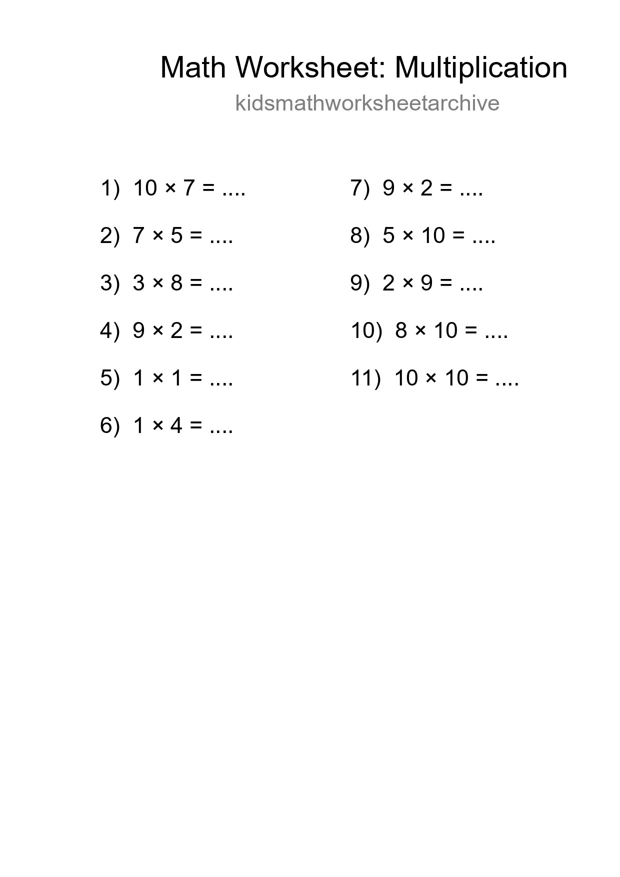 Free 11 Multiplication Math Worksheet For Grade 1 With Answers - Part 205