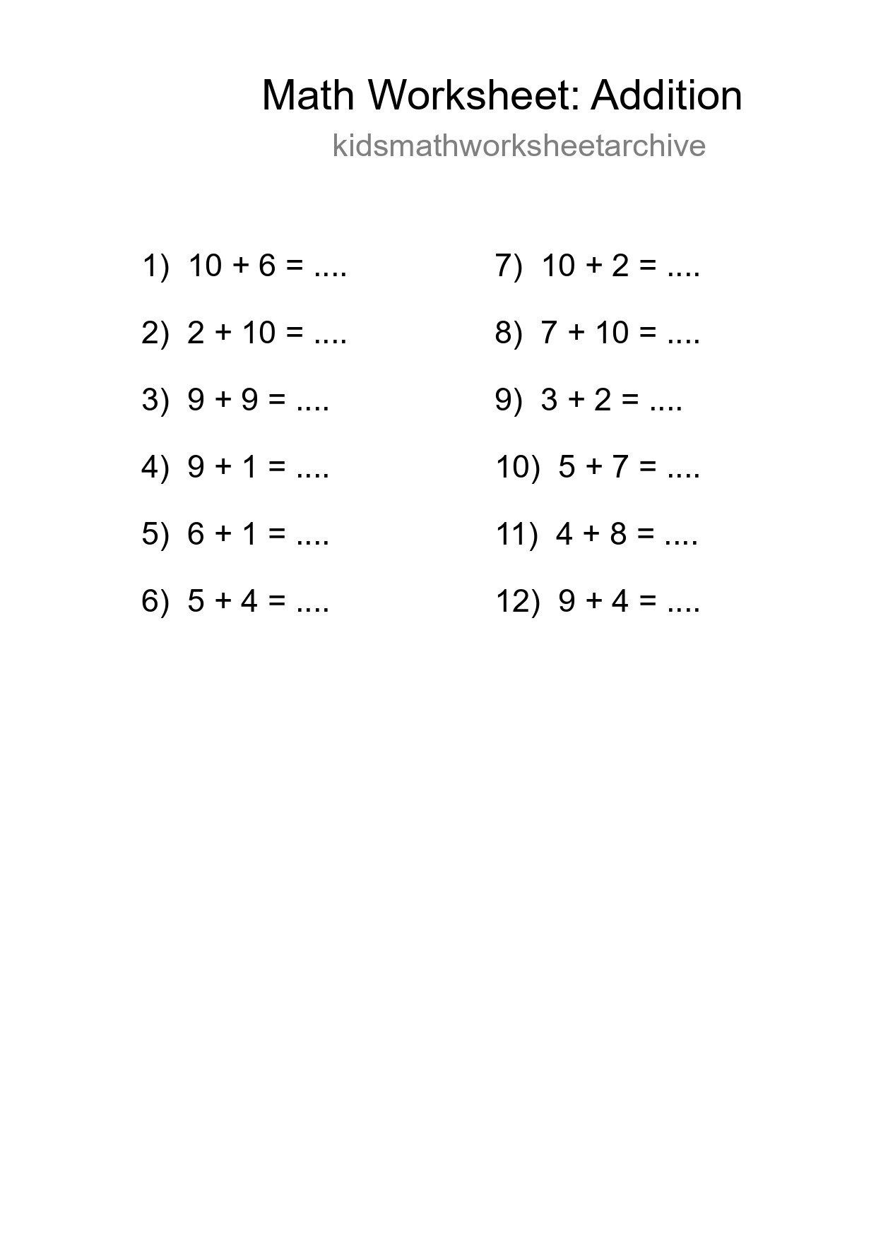 Free 12 Addition Math Worksheet For Grade 1 With Answers - Part 254