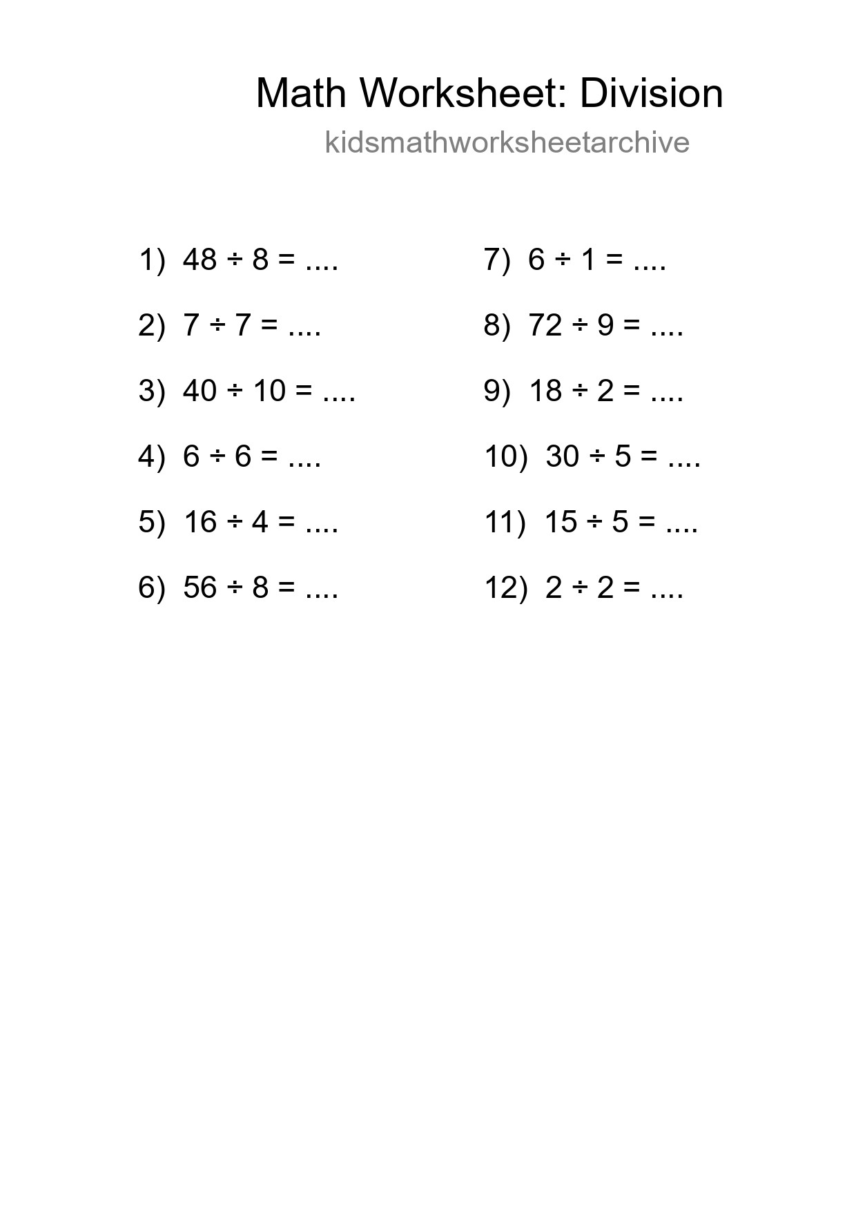 Free 12 Division Math Worksheet For Grade 1 With Answers - Part 268