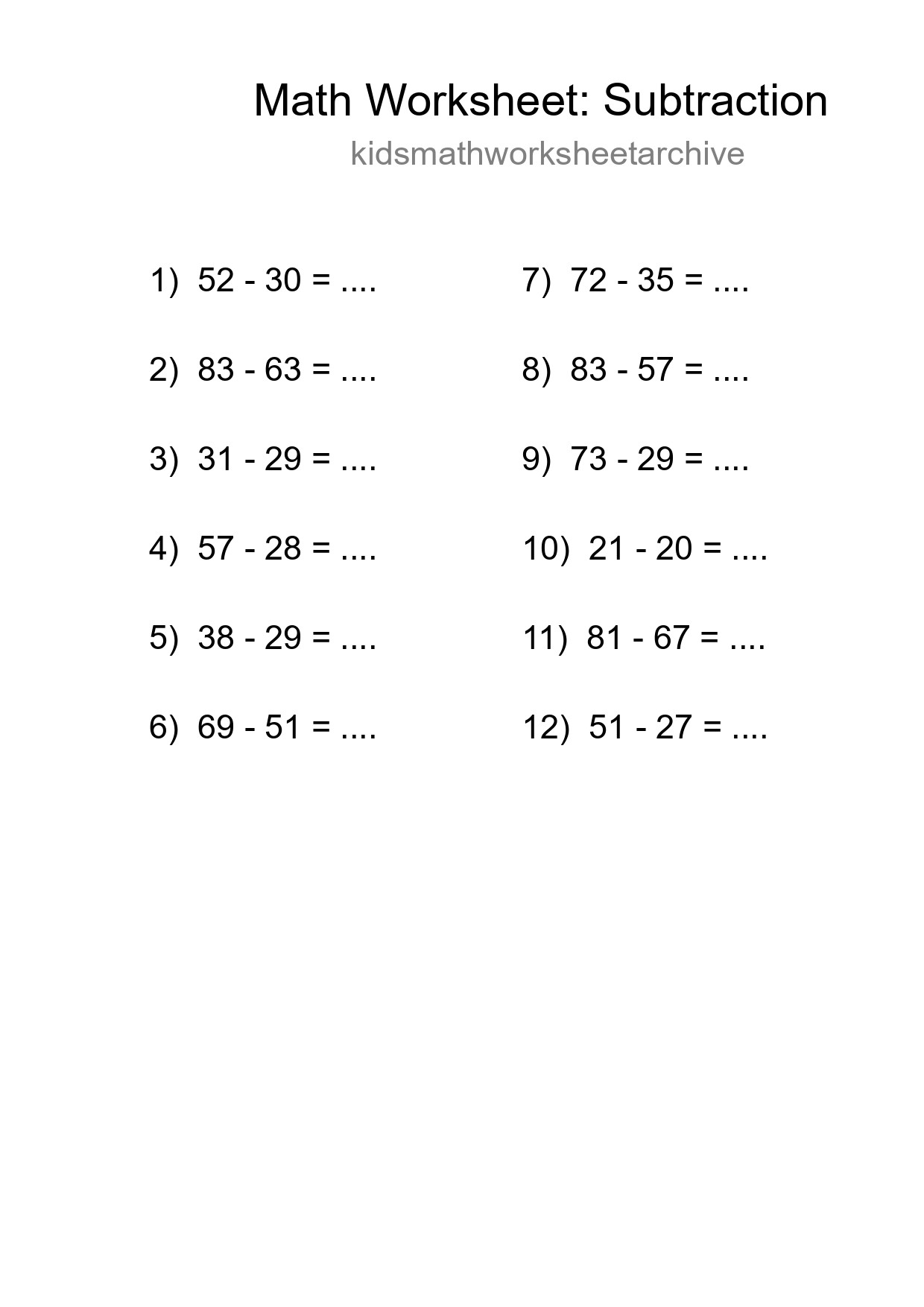 Free 12 Subtraction Math Worksheet For Grade 3 With Answers - Part 52
