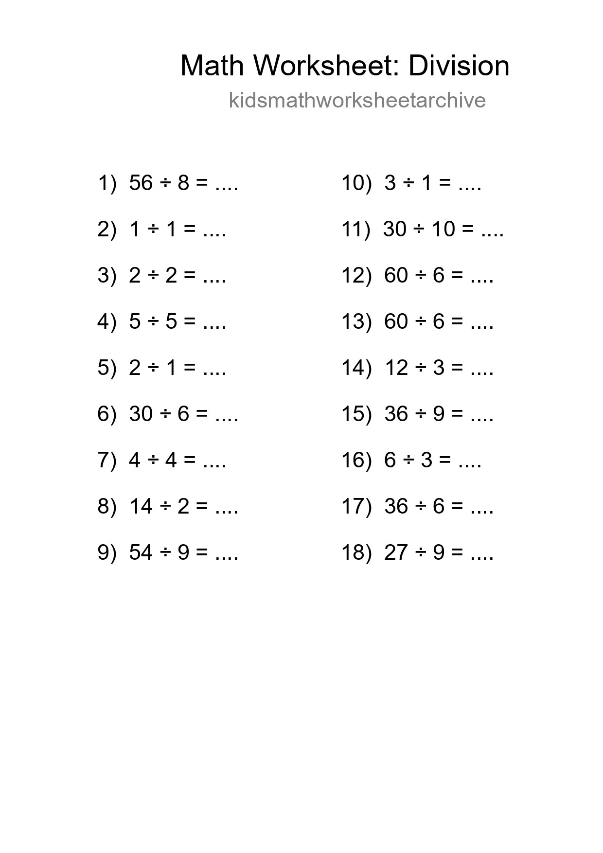 Free 18 Division Math Worksheet For Grade 1 With Answers - Part 37