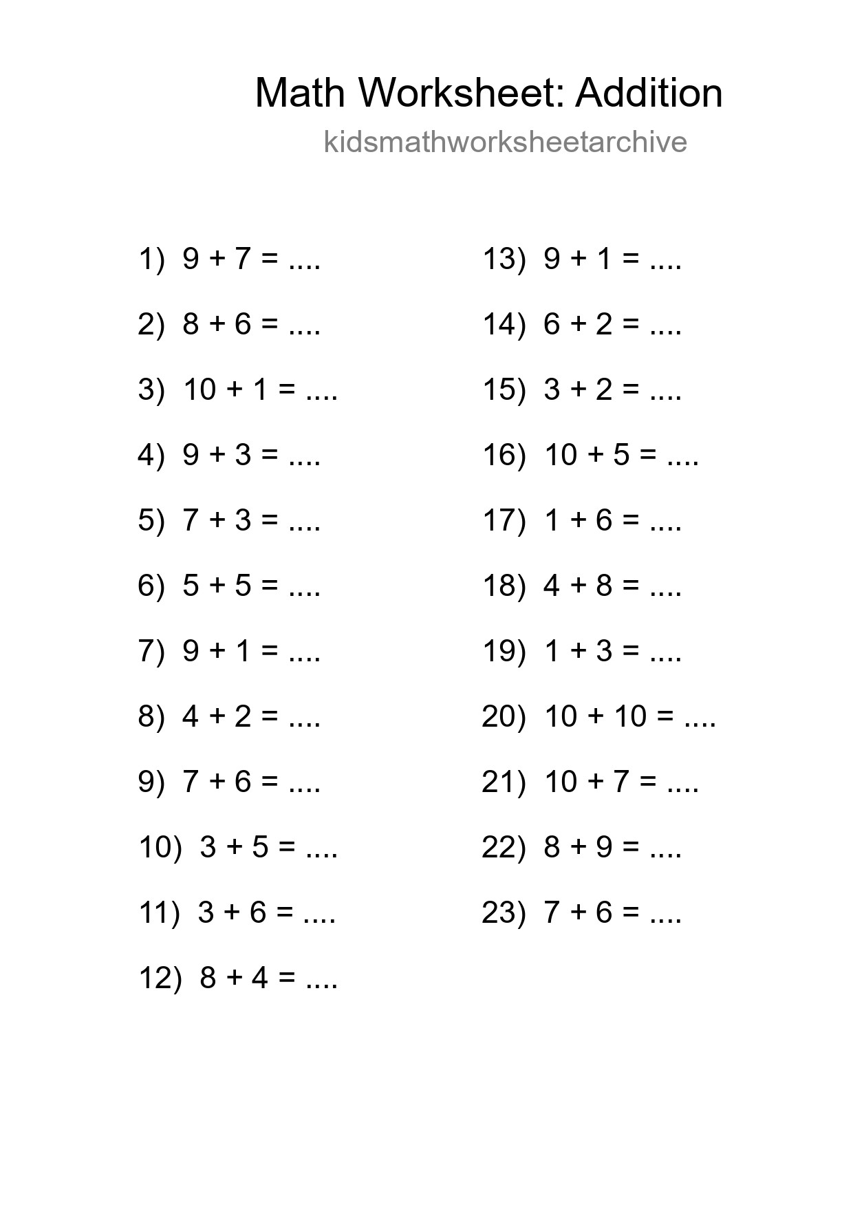 Free 23 Addition Math Worksheet For Grade 1 - Part 133