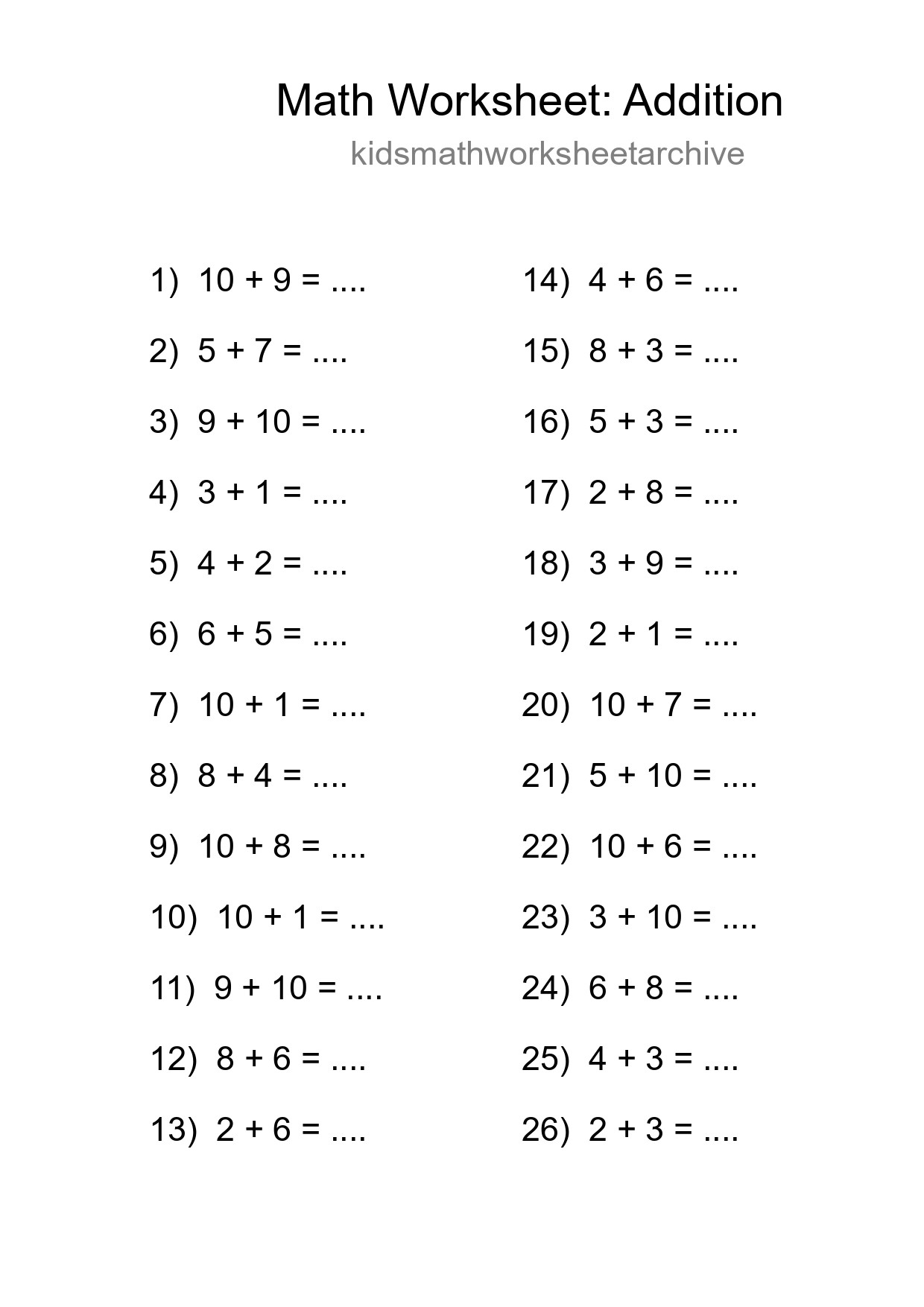 Free 26 Addition Math Worksheet For Grade 1 - Part 210