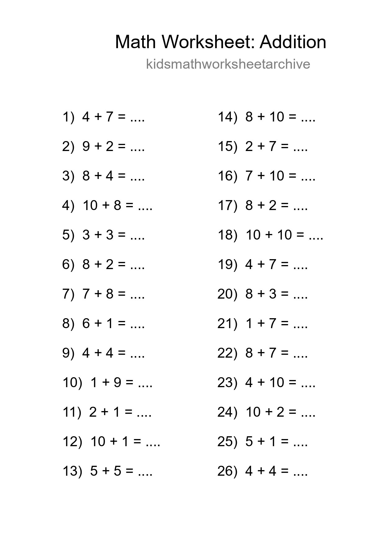 Free 26 Addition Math Worksheet For Grade 1 - Part 221