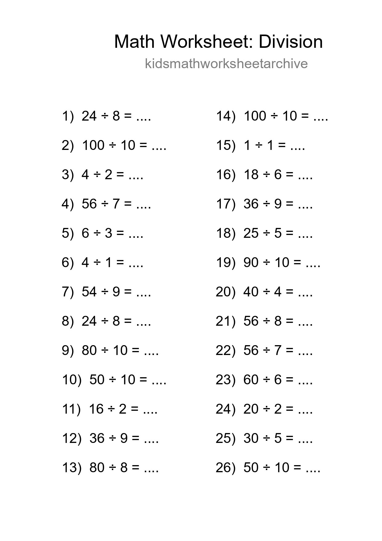 Free 26 Division Math Worksheet For Grade 1 - Part 169