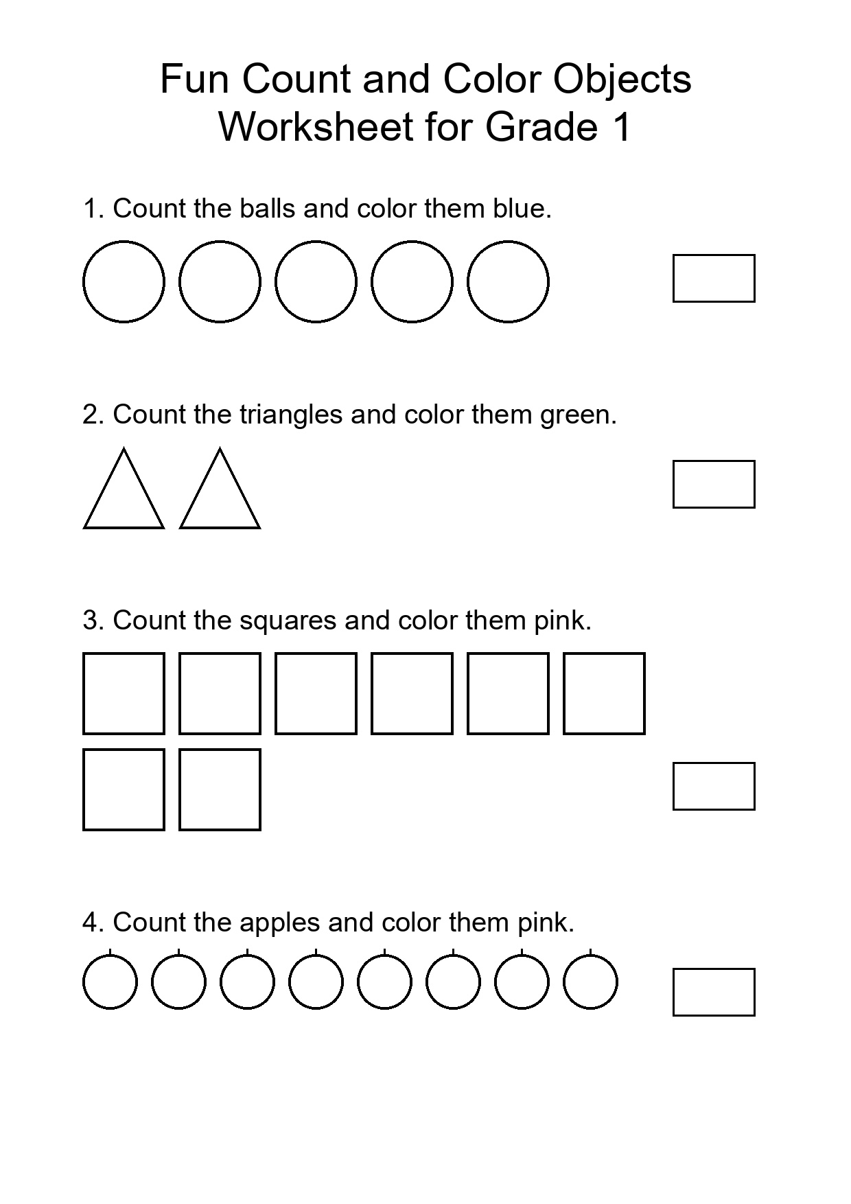 Fun Count and Color Objects Worksheet for Grade 1