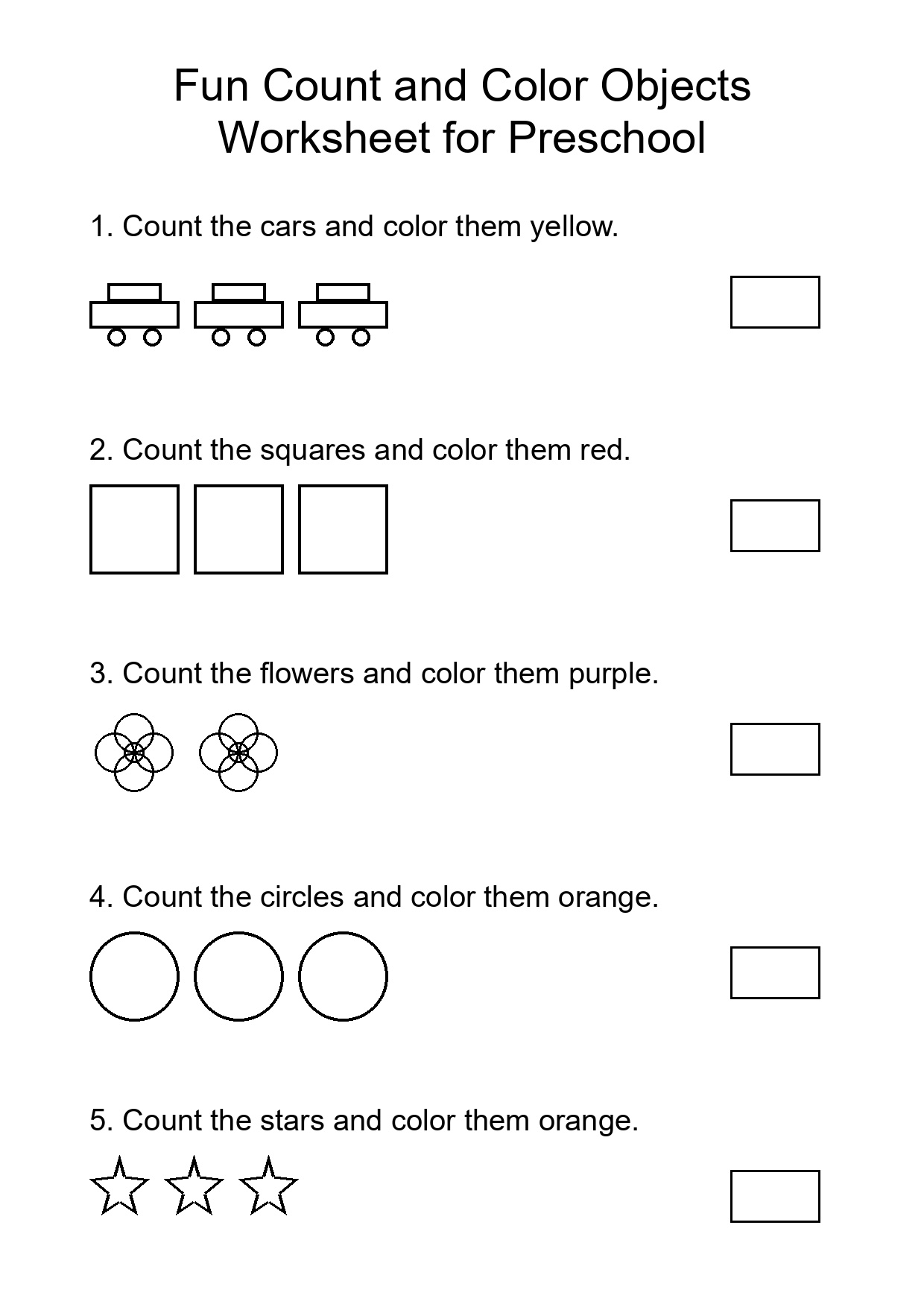 Fun Count and Color Objects Worksheet for Preschool