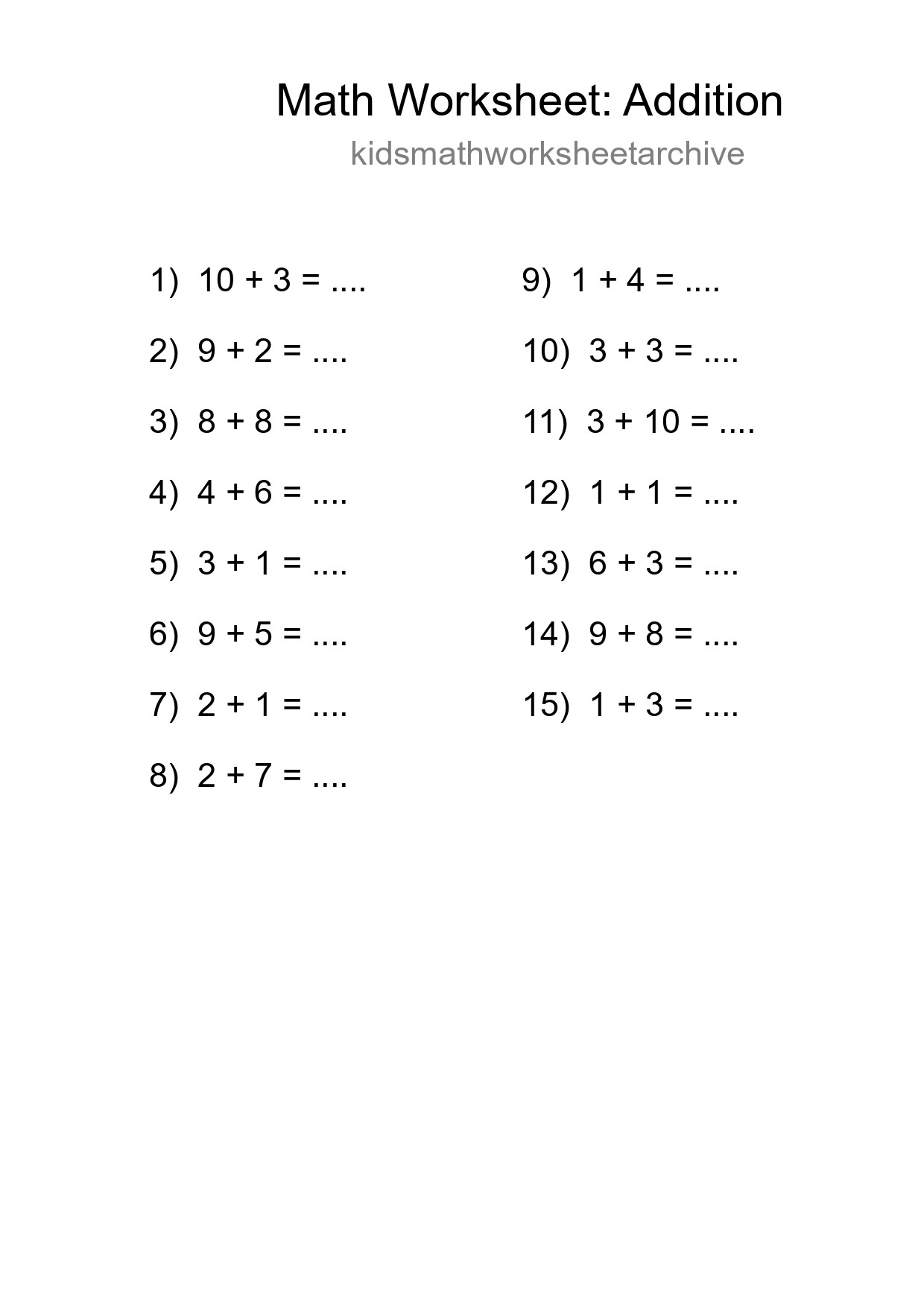 Grade 1 Addition Practice Worksheet (15 Problems) - Part 100