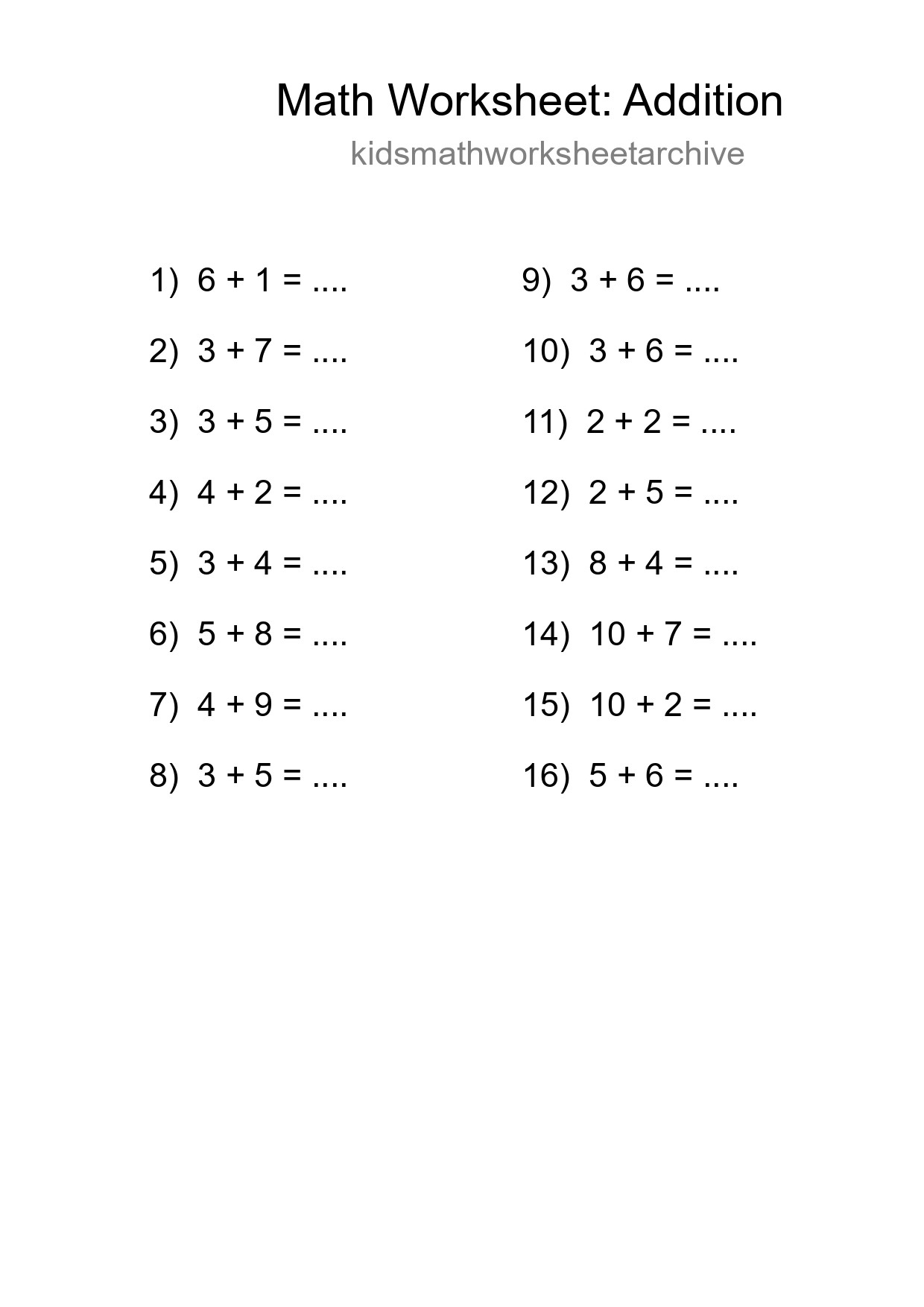 Grade 1 Addition Practice Worksheet (16 Problems) - Part 34