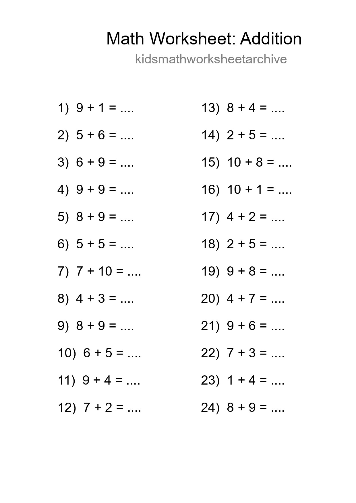 Grade 1 Addition Practice Worksheet (24 Problems) - Part 78