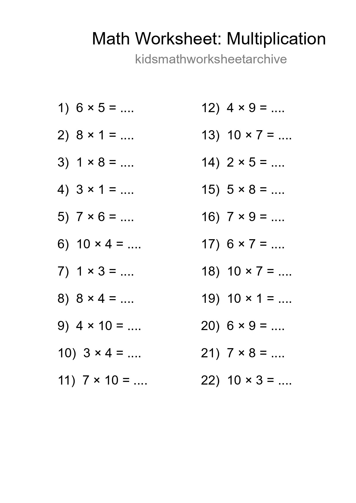 Grade 1 Multiplication Practice Worksheet (22 Problems) - Part 172