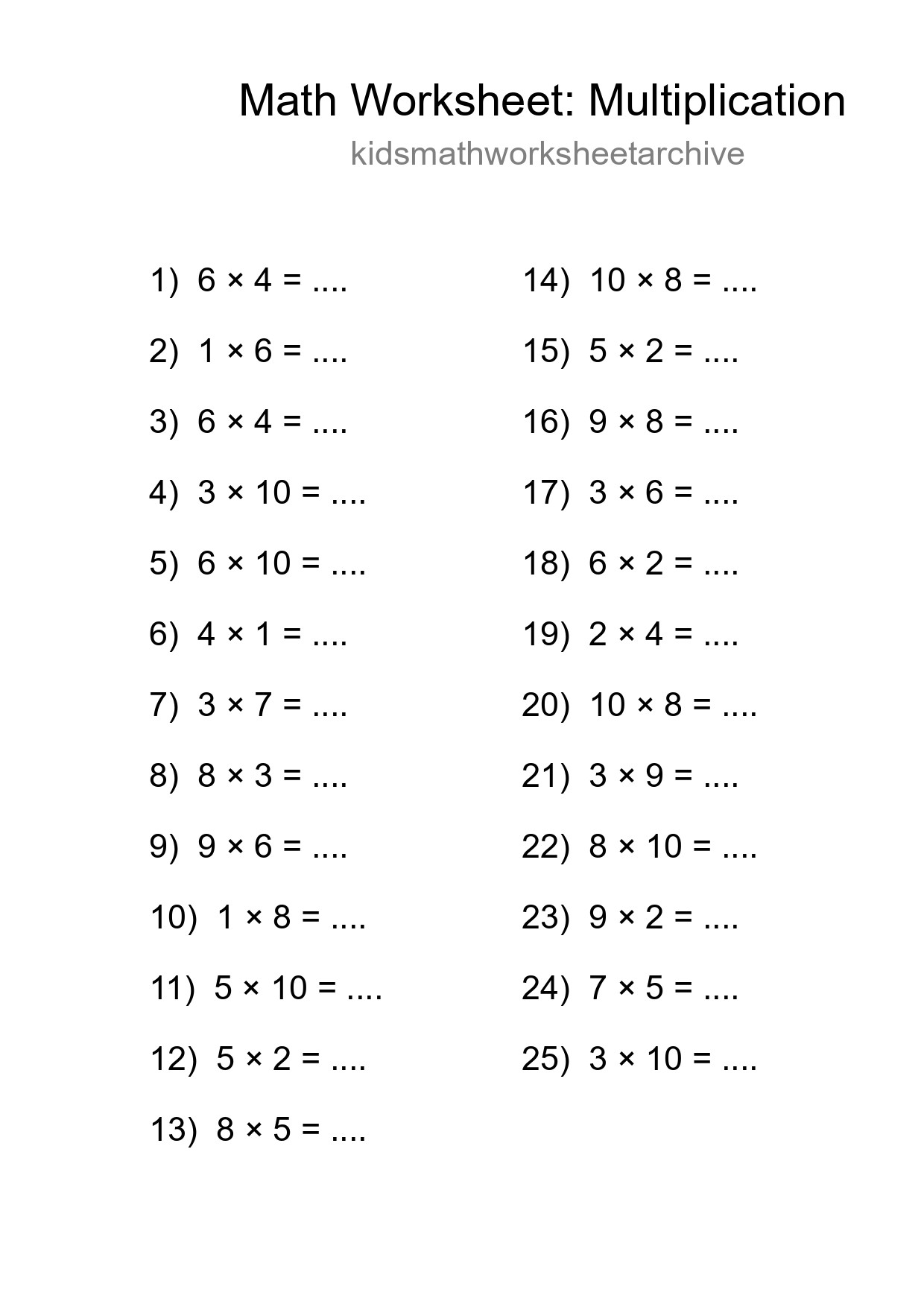 Grade 1 Multiplication Practice Worksheet (25 Problems) - Part 84