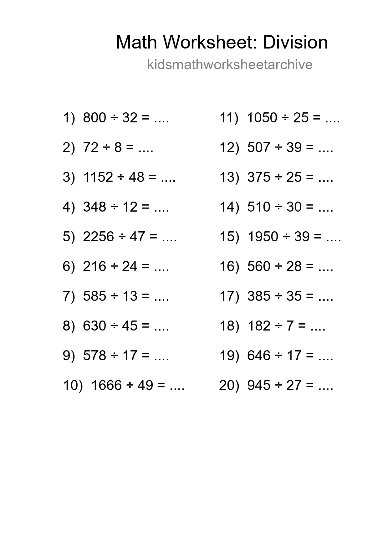 Grade 2 Division Practice Worksheet (20 Problems) - Part 202