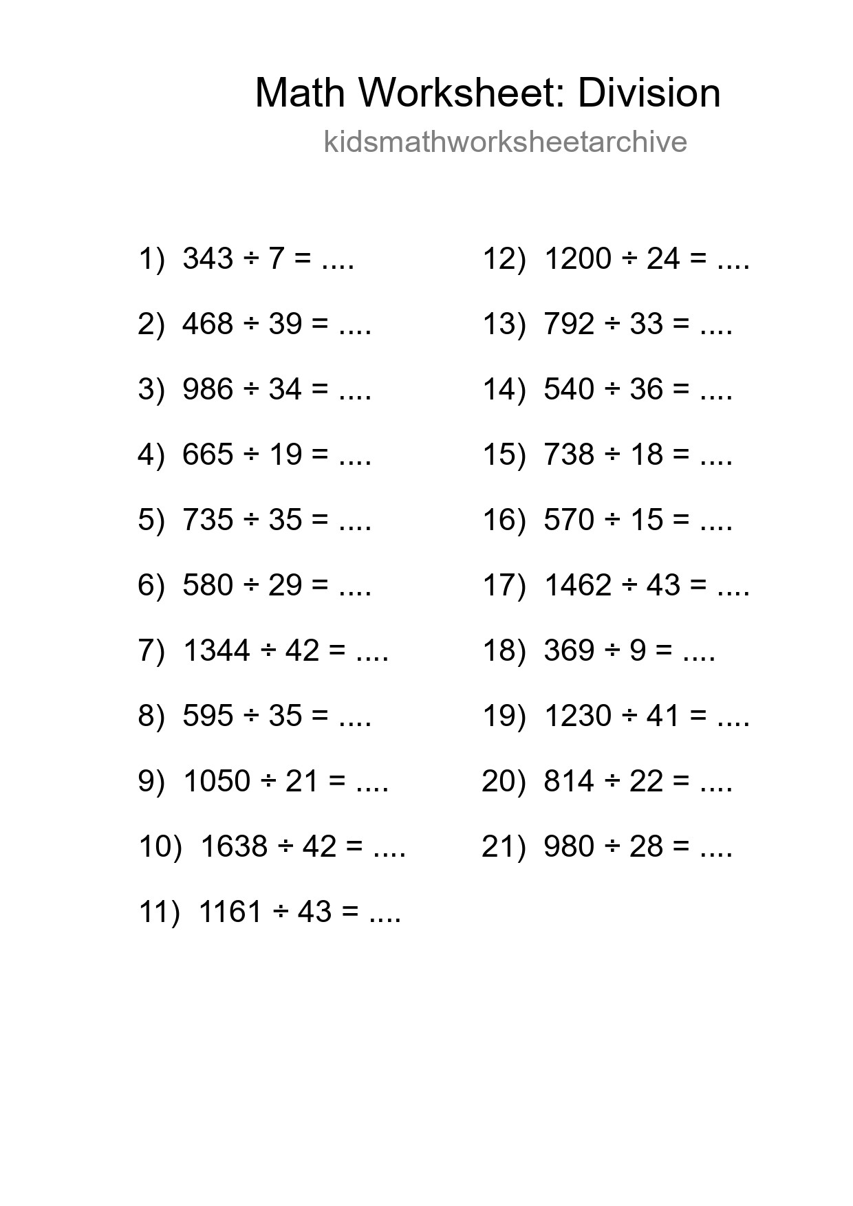 Grade 2 Division Practice Worksheet (21 Problems) - Part 125