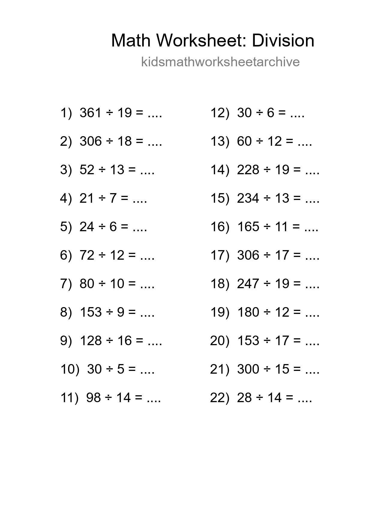 Grade 2 Division Practice Worksheet (22 Problems) - Part 136