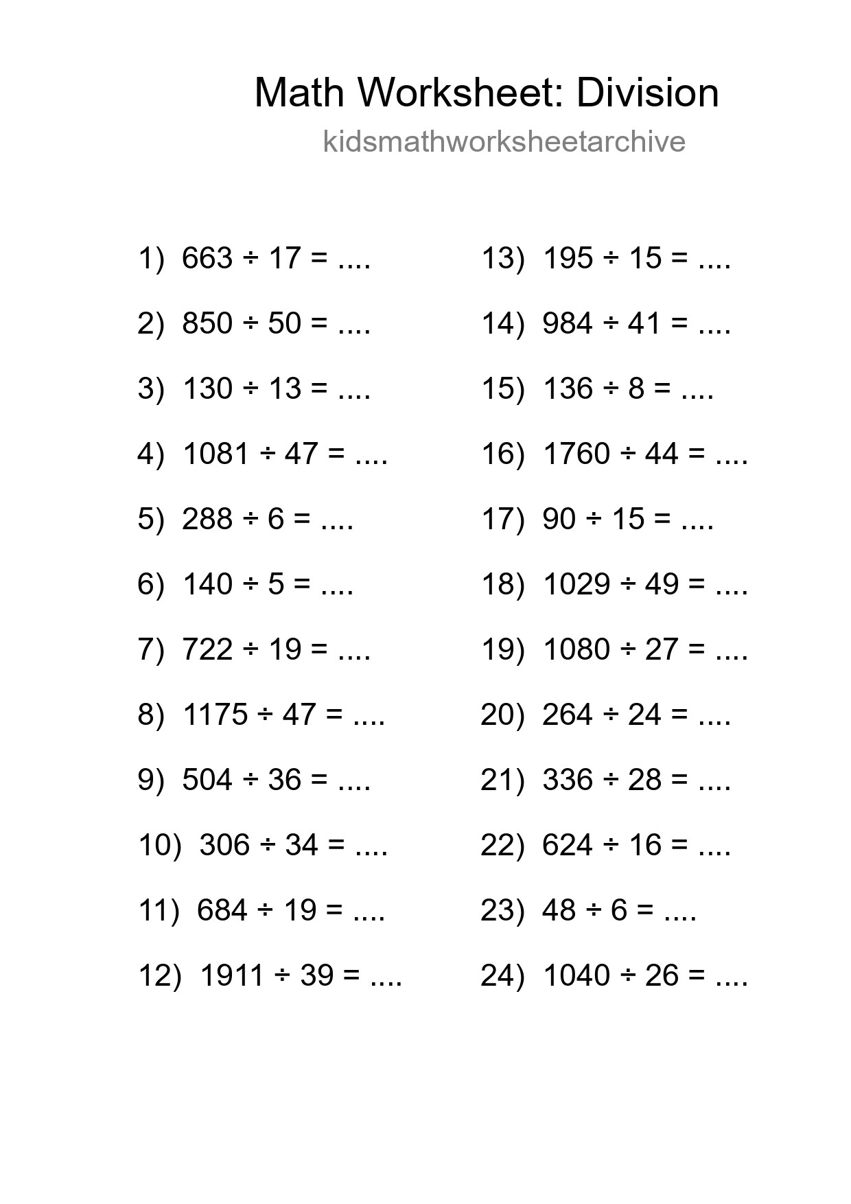 Grade 2 Division Practice Worksheet (24 Problems) - Part 246