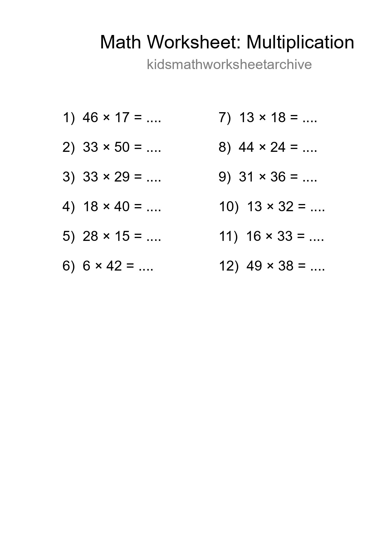 Grade 2 Multiplication Practice Worksheet (12 Problems) - Part 260