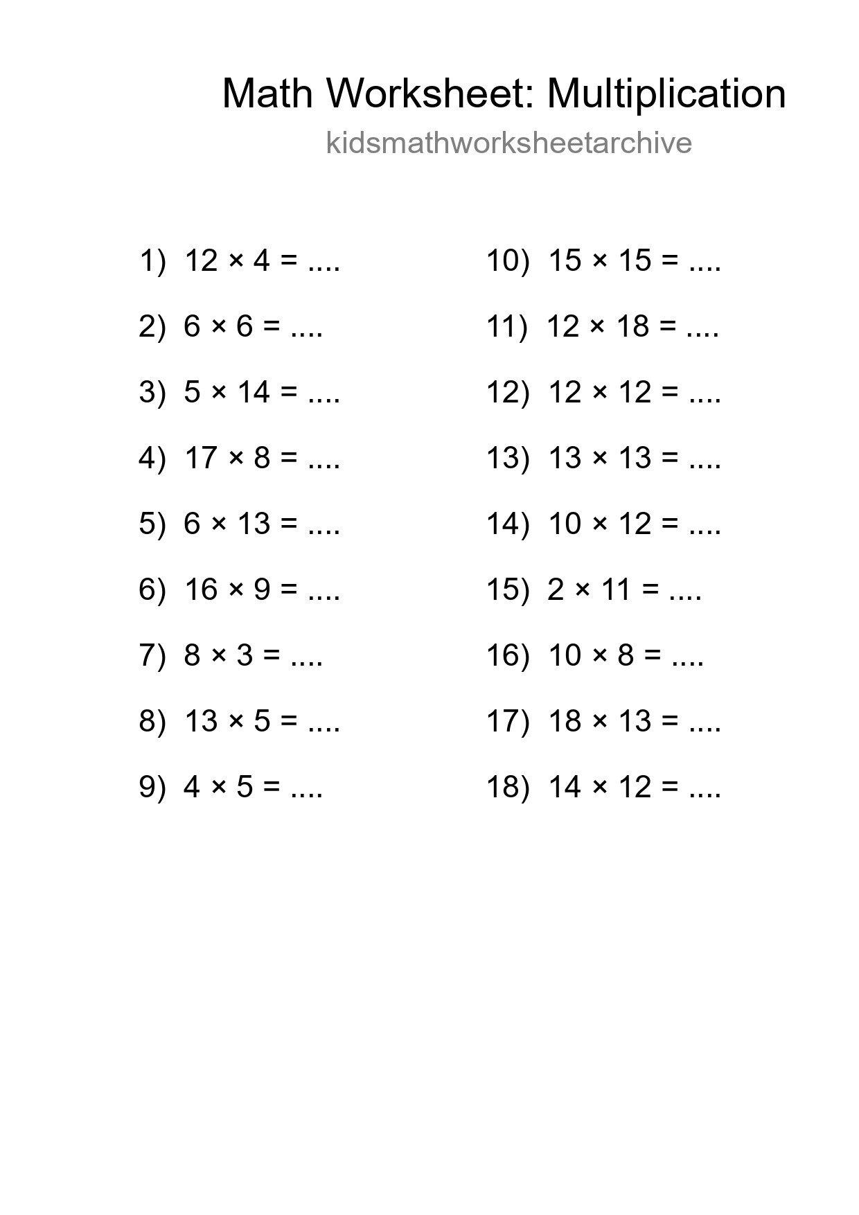 Grade 2 Multiplication Practice Worksheet (18 Problems) - Part 139
