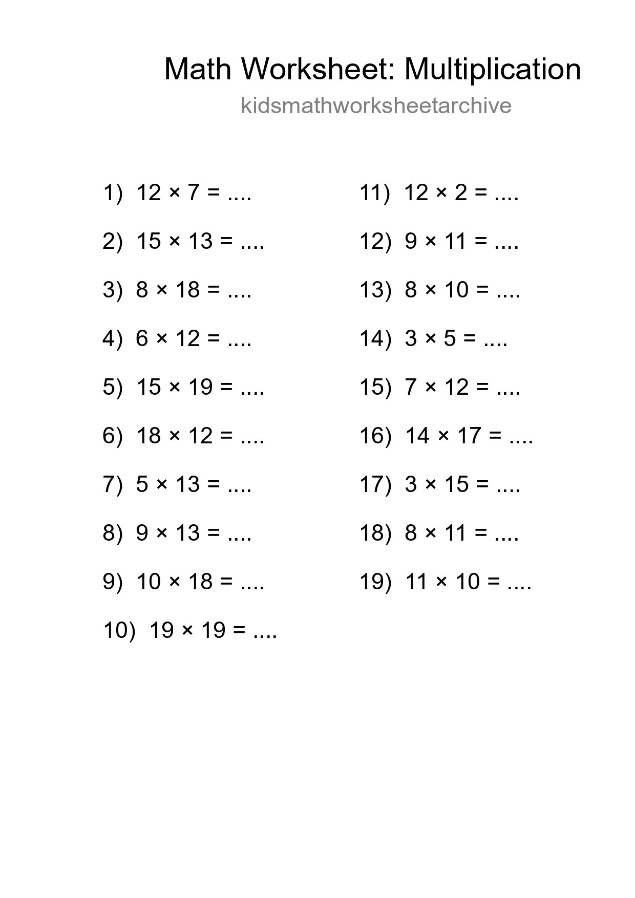 Grade 2 Multiplication Practice Worksheet (19 Problems) - Part 40
