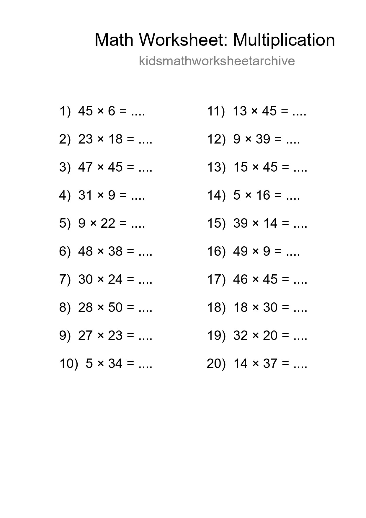 Grade 2 Multiplication Practice Worksheet (20 Problems) - Part 227