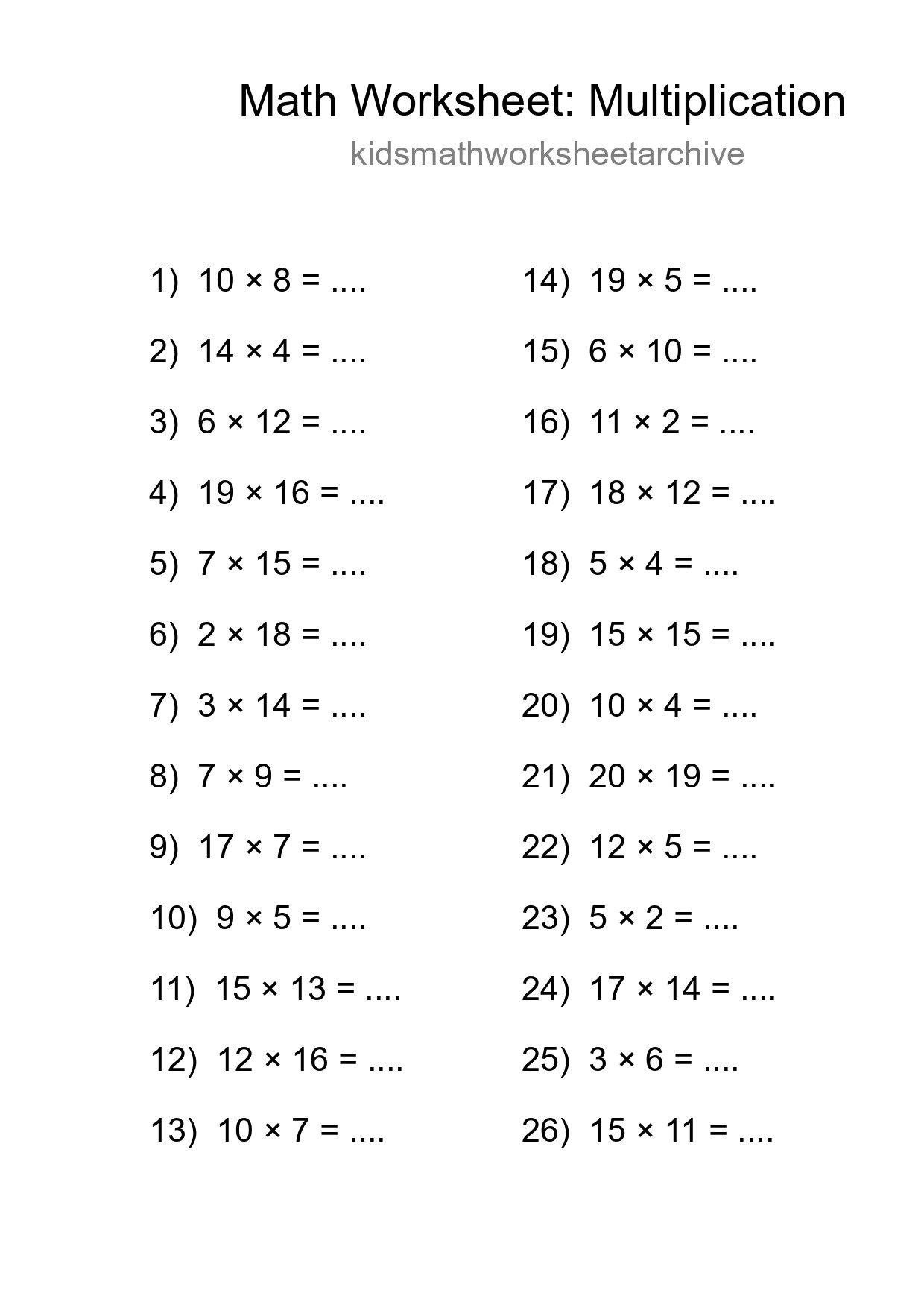 Grade 2 Multiplication Practice Worksheet (26 Problems) - Part 18