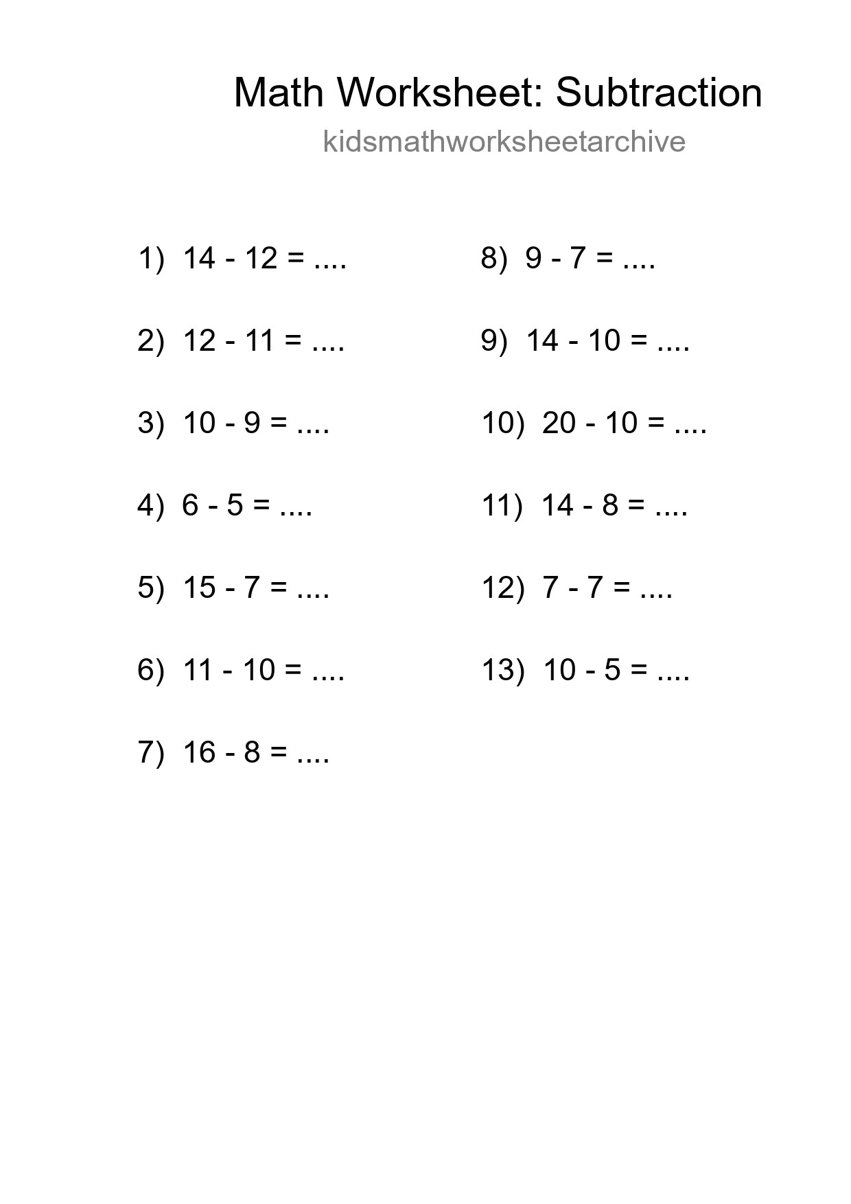 Grade 2 Subtraction Practice Worksheet (13 Problems) - Part 129