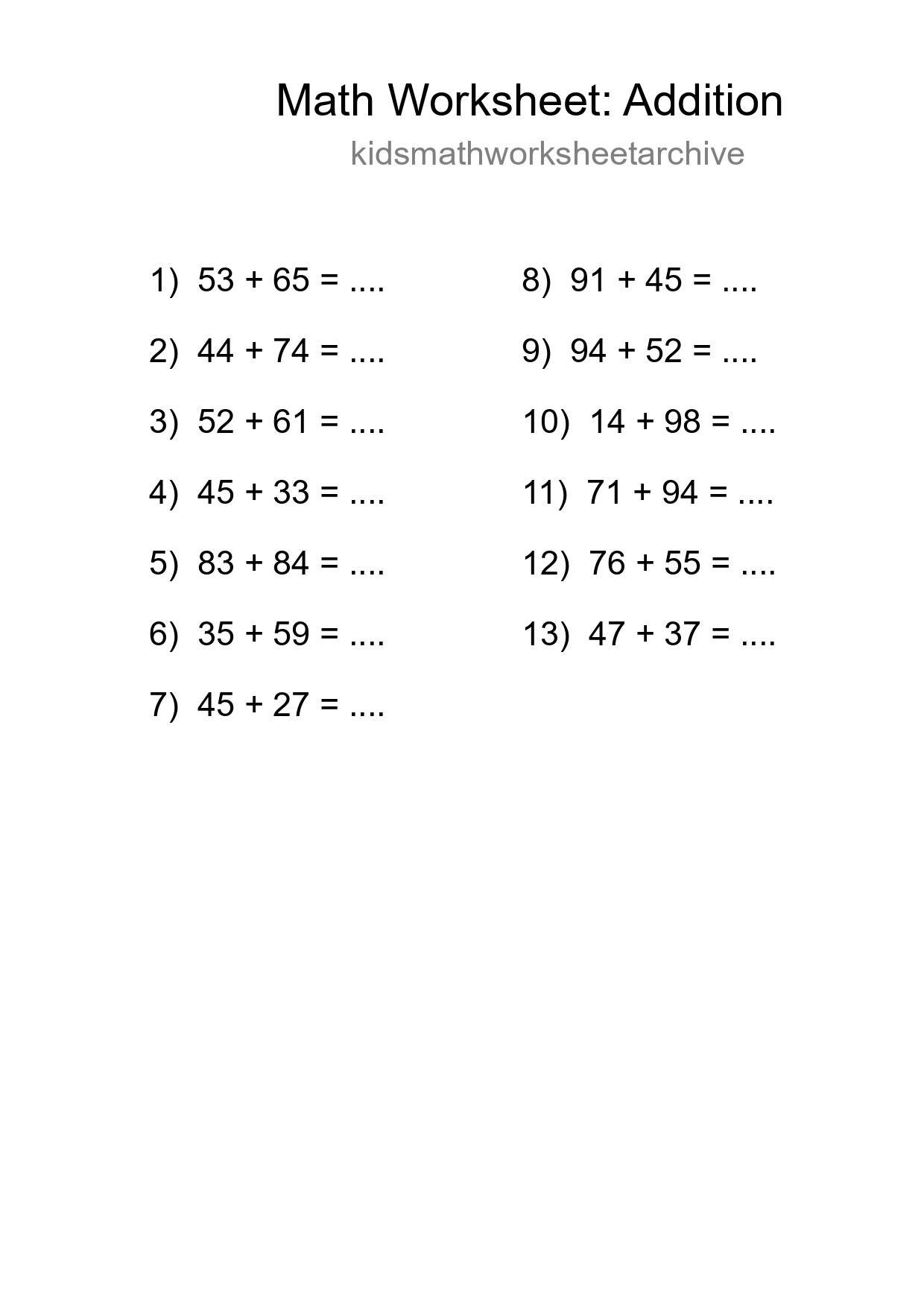 Grade 3 Addition Practice Worksheet (13 Problems) - Part 166