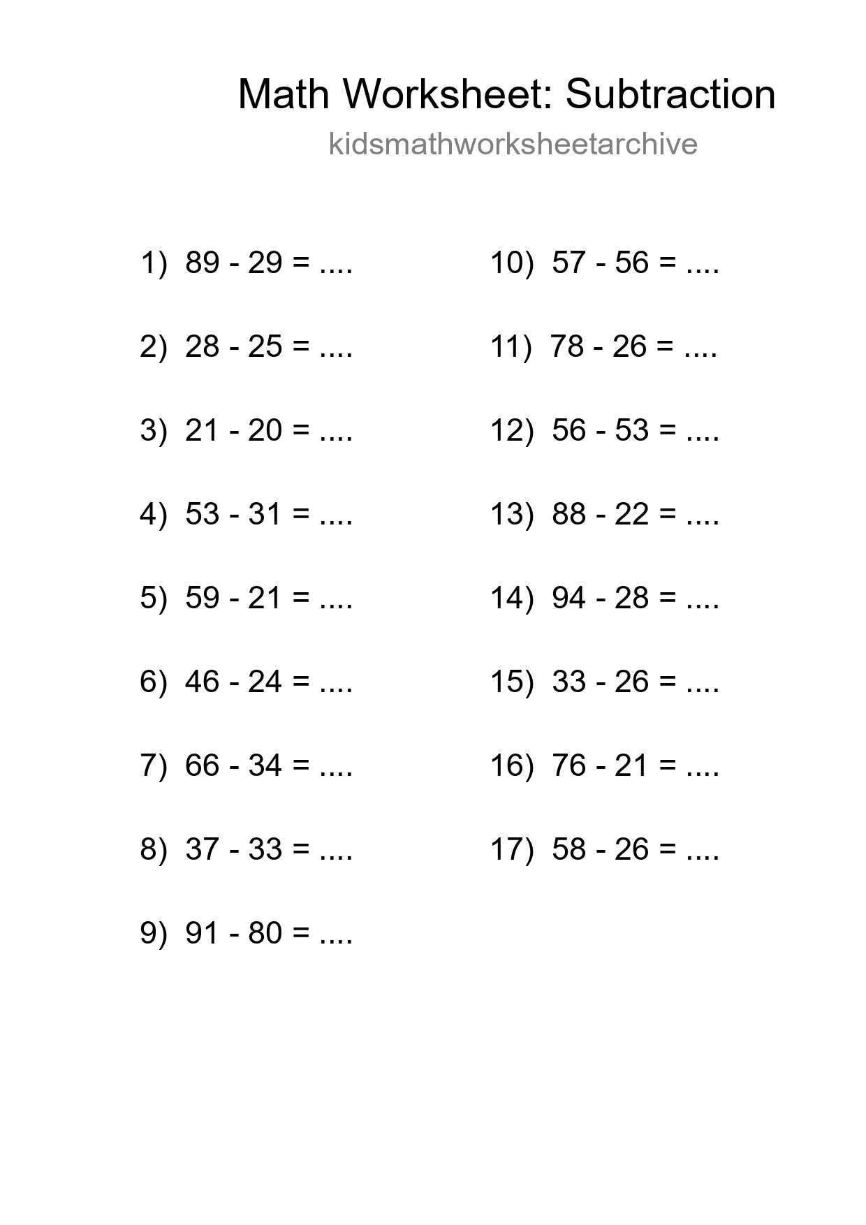 Grade 3 Subtraction Practice Worksheet (17 Problems) - Part 74