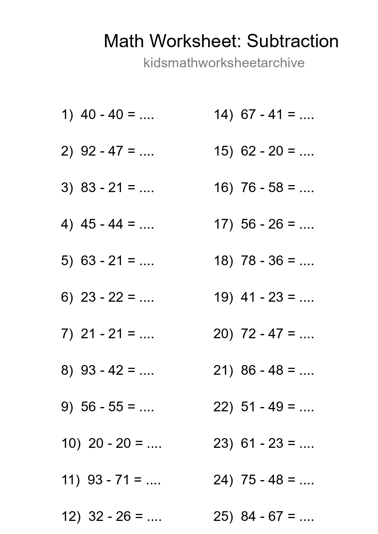 Grade 3 Subtraction Practice Worksheet (26 Problems) - Part 173