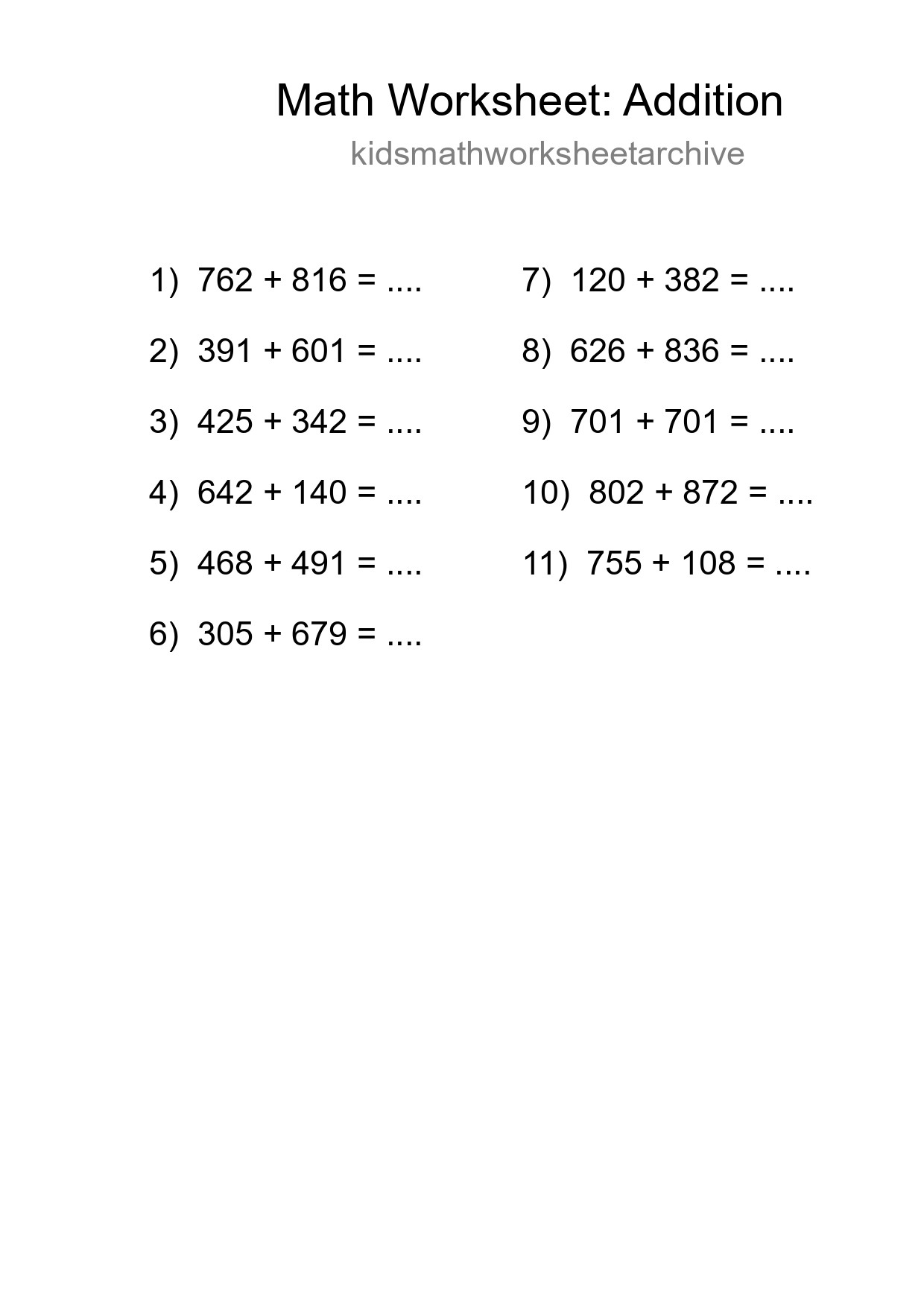 Grade 5 Addition Practice Worksheet (11 Problems) - Part 199