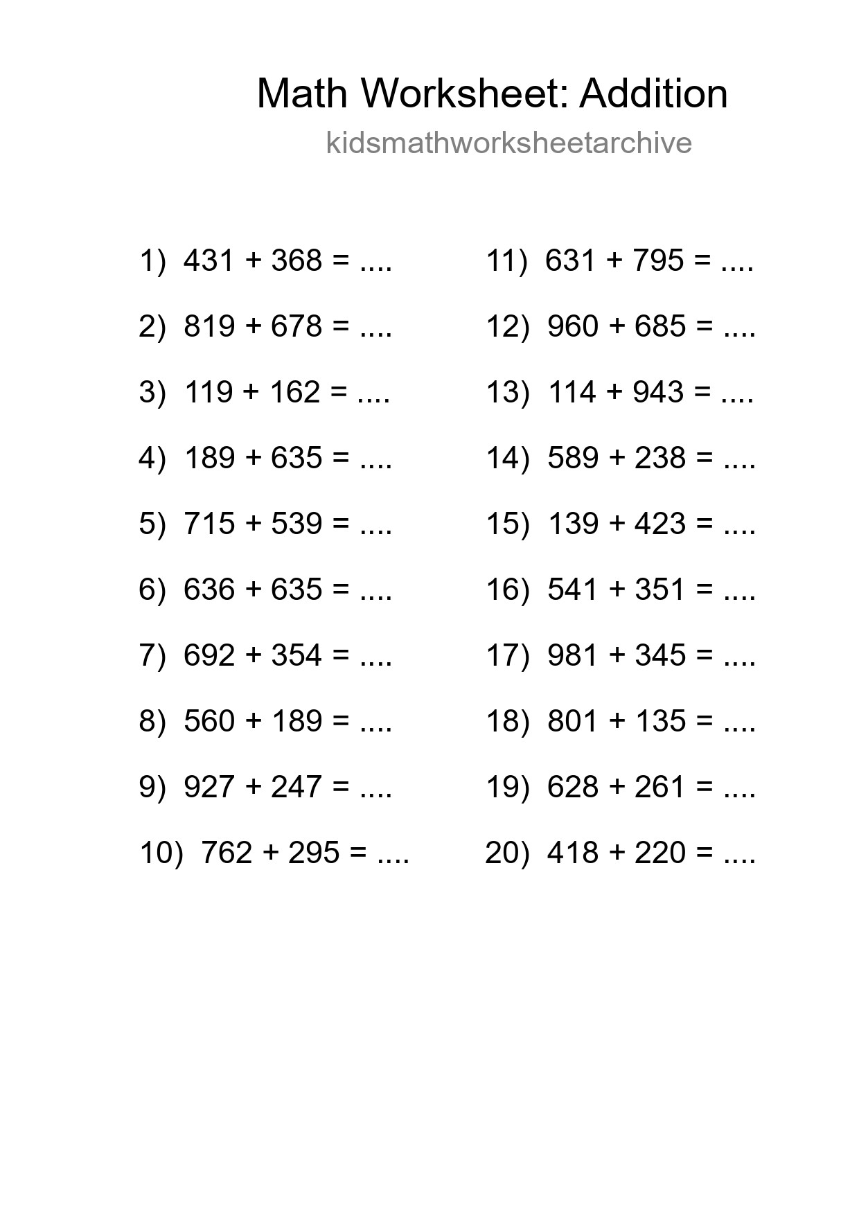 Grade 5 Addition Practice Worksheet (20 Problems) - Part 23