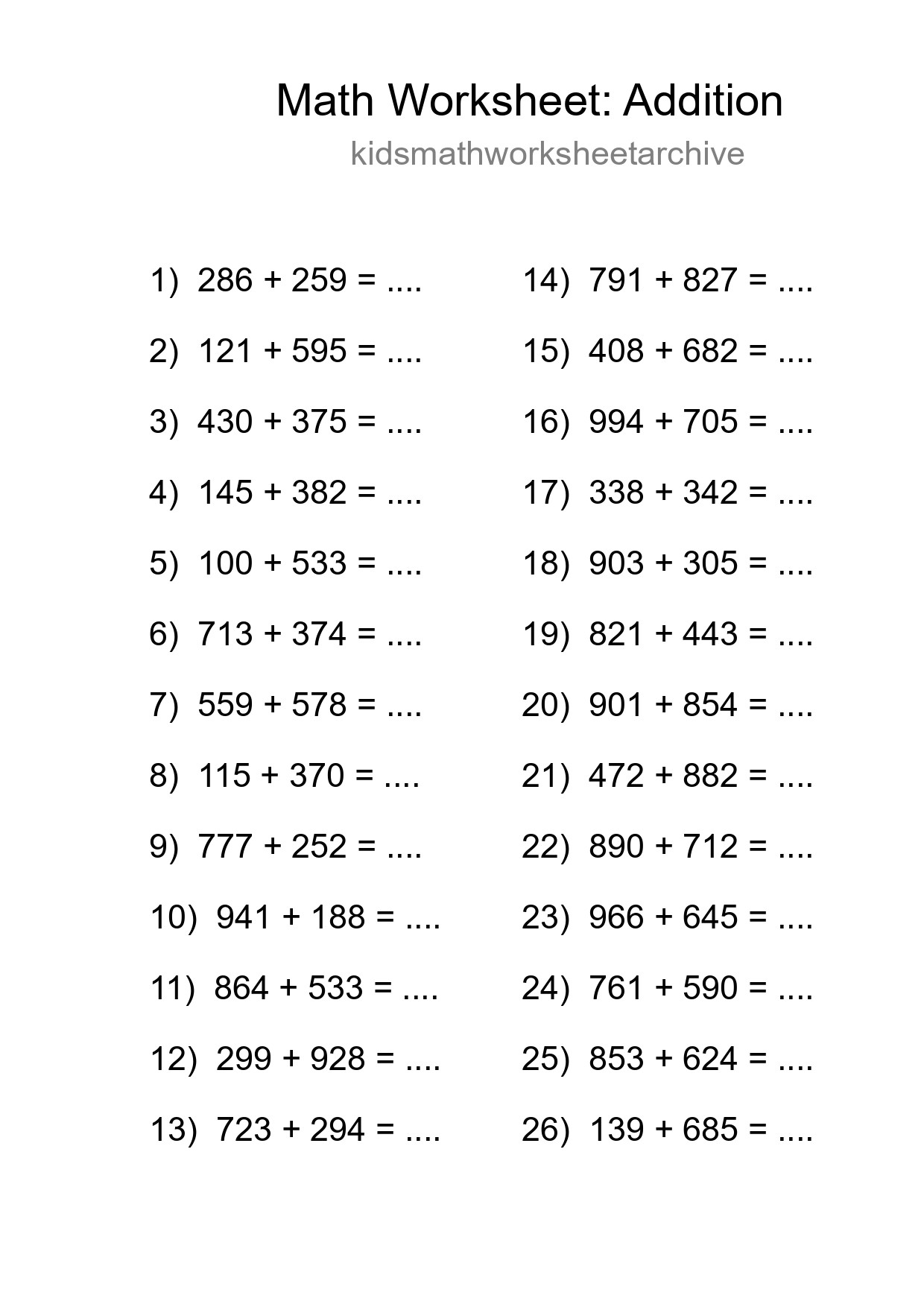 Grade 5 Addition Practice Worksheet (26 Problems)