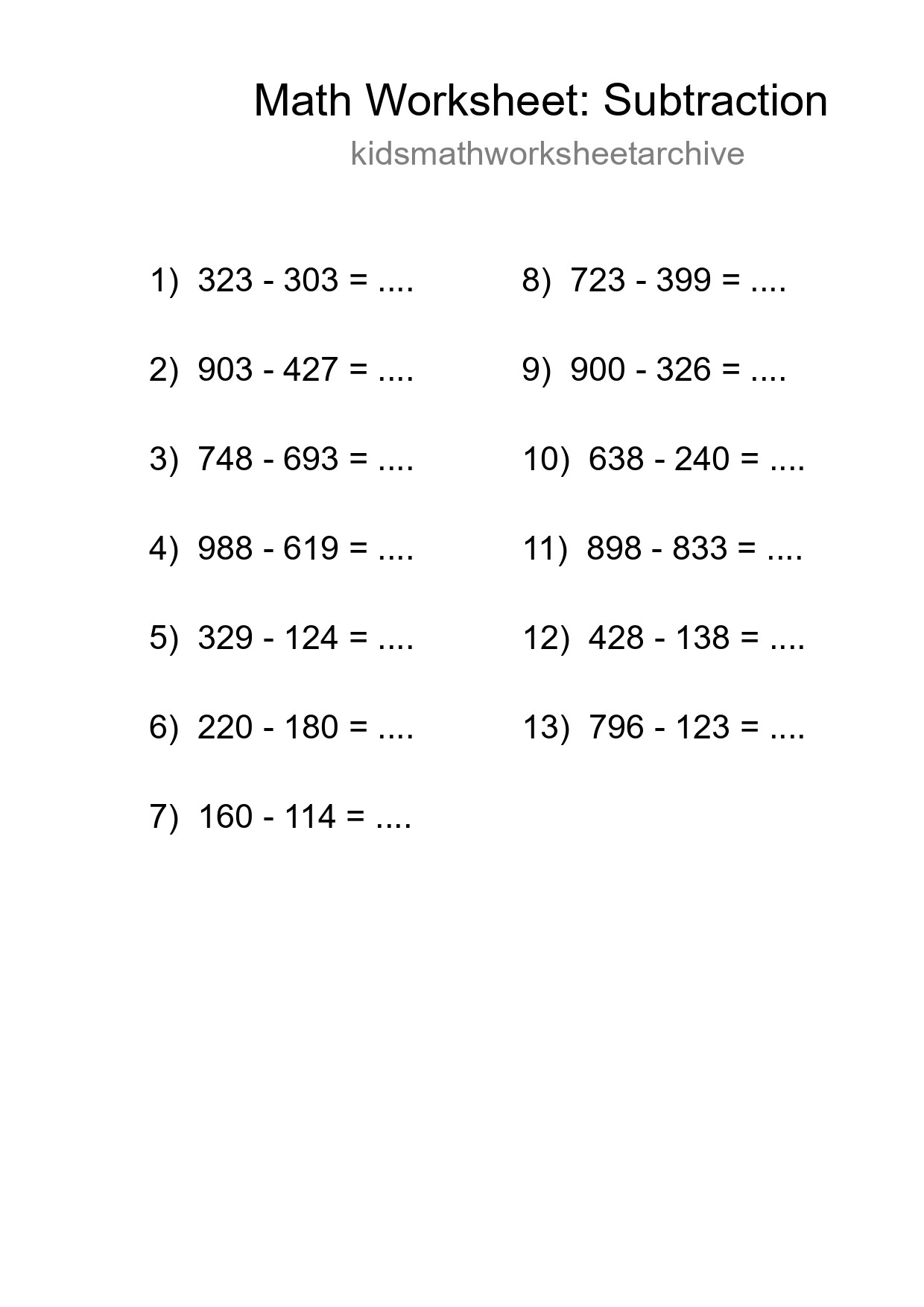 Grade 5 Subtraction Practice Worksheet (13 Problems) - Part 261