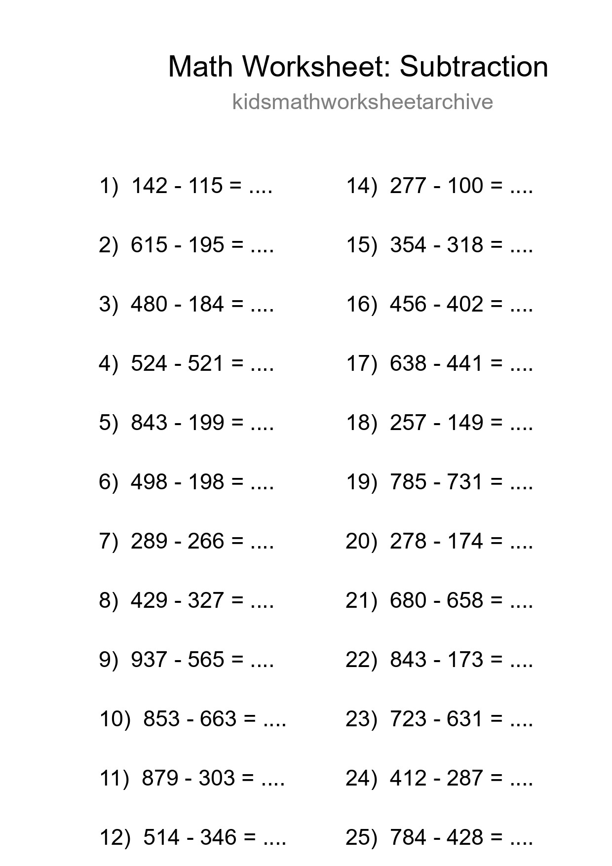 Grade 5 Subtraction Practice Worksheet (26 Problems) - Part 151