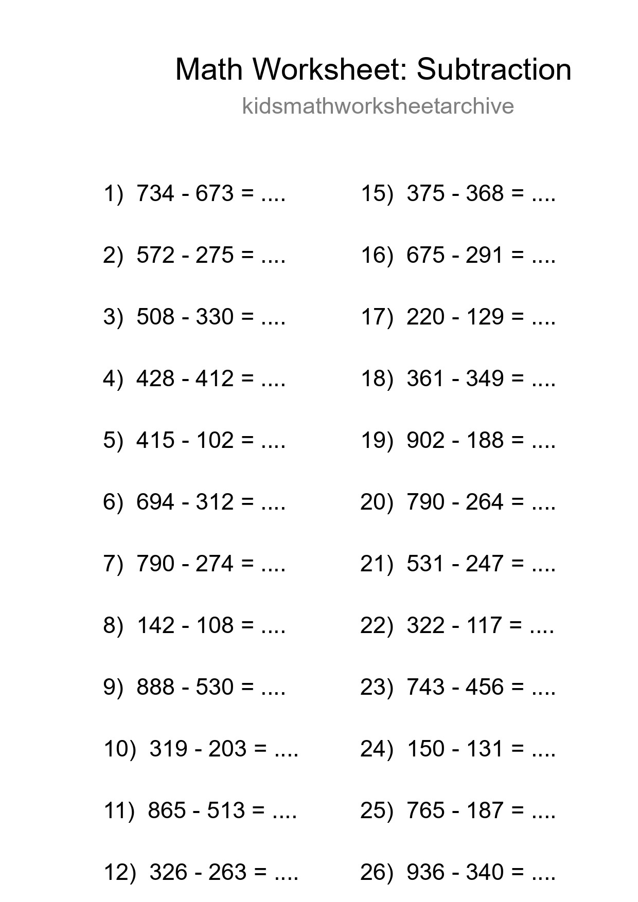 Grade 5 Subtraction Practice Worksheet (27 Problems) - Part 184