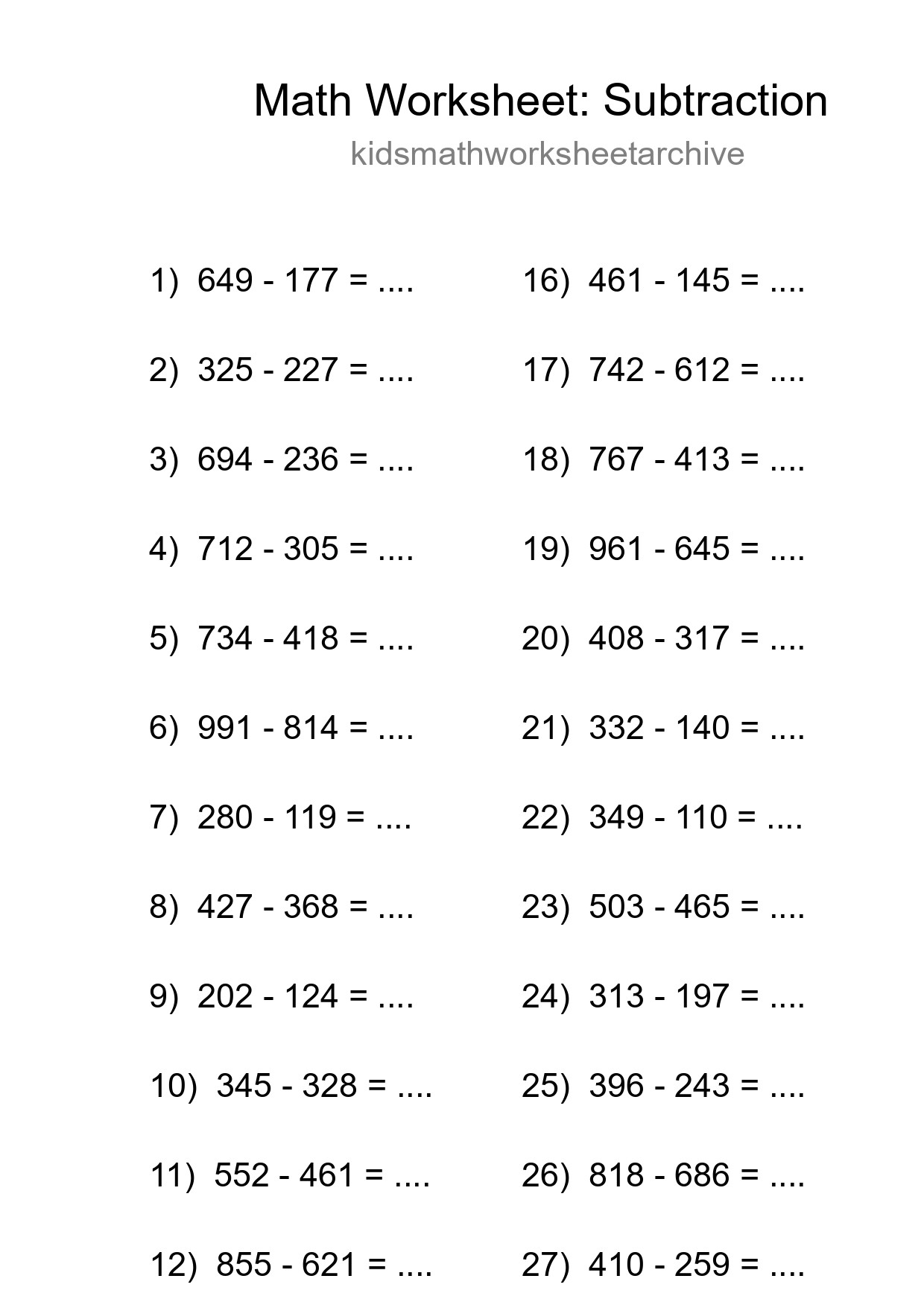 Grade 5 Subtraction Practice Worksheet (29 Problems) - Part 118