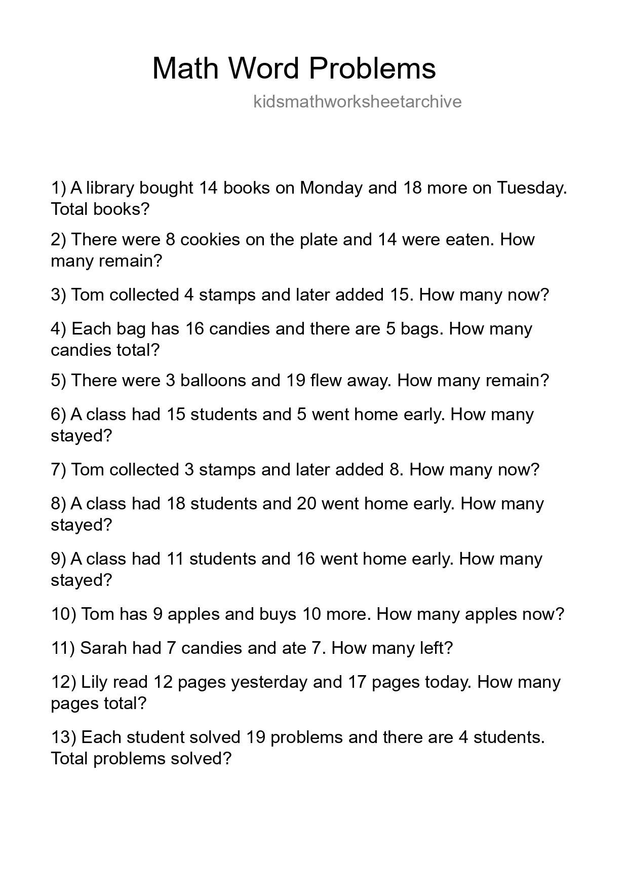 Math Word Problem Worksheet