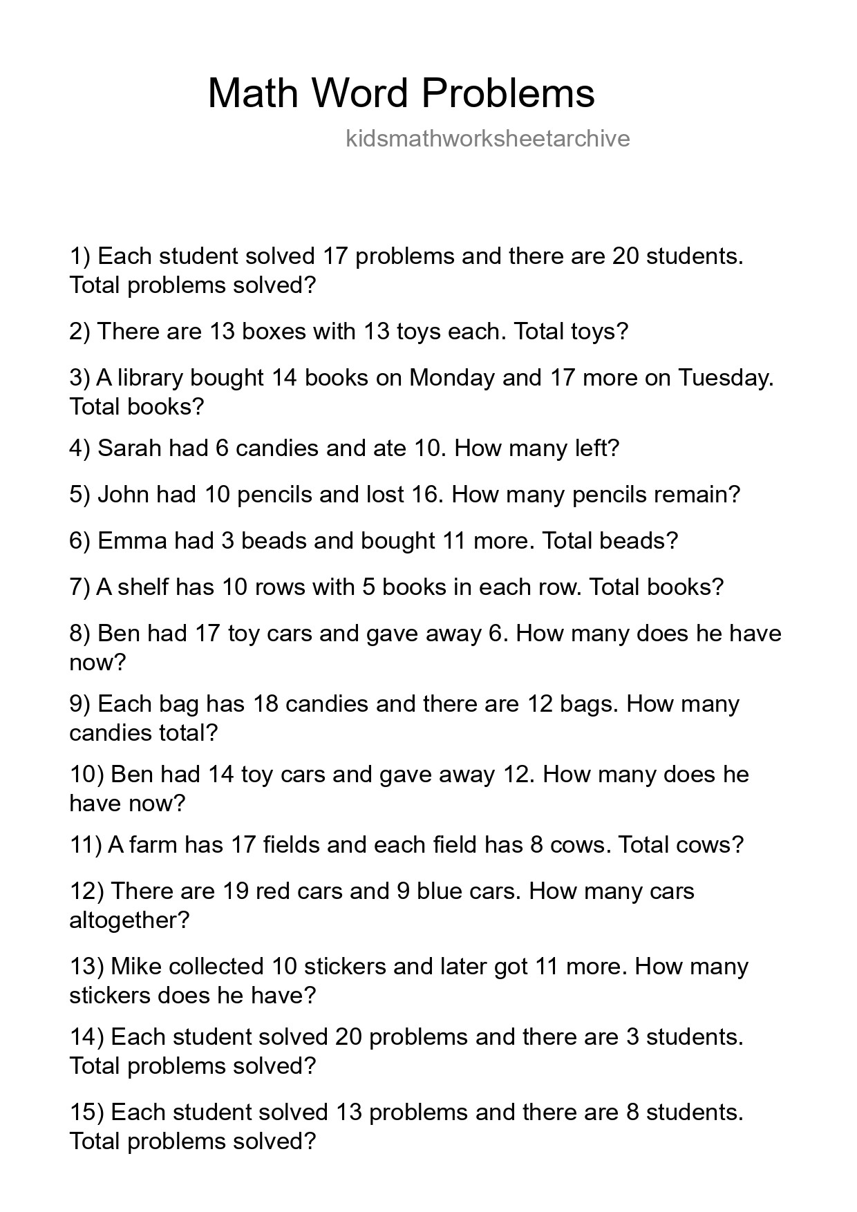 Math Word Problem Worksheet