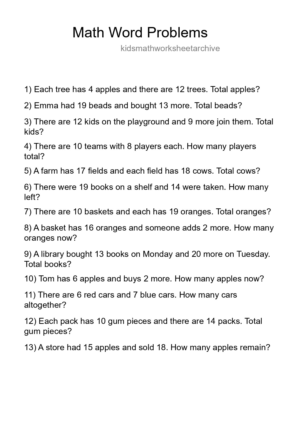 Math Word Problem Worksheet