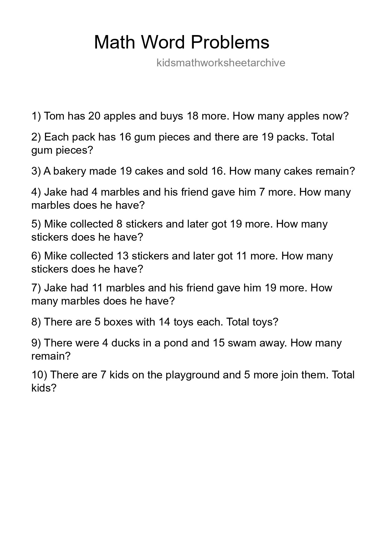Math Word Problem Worksheet