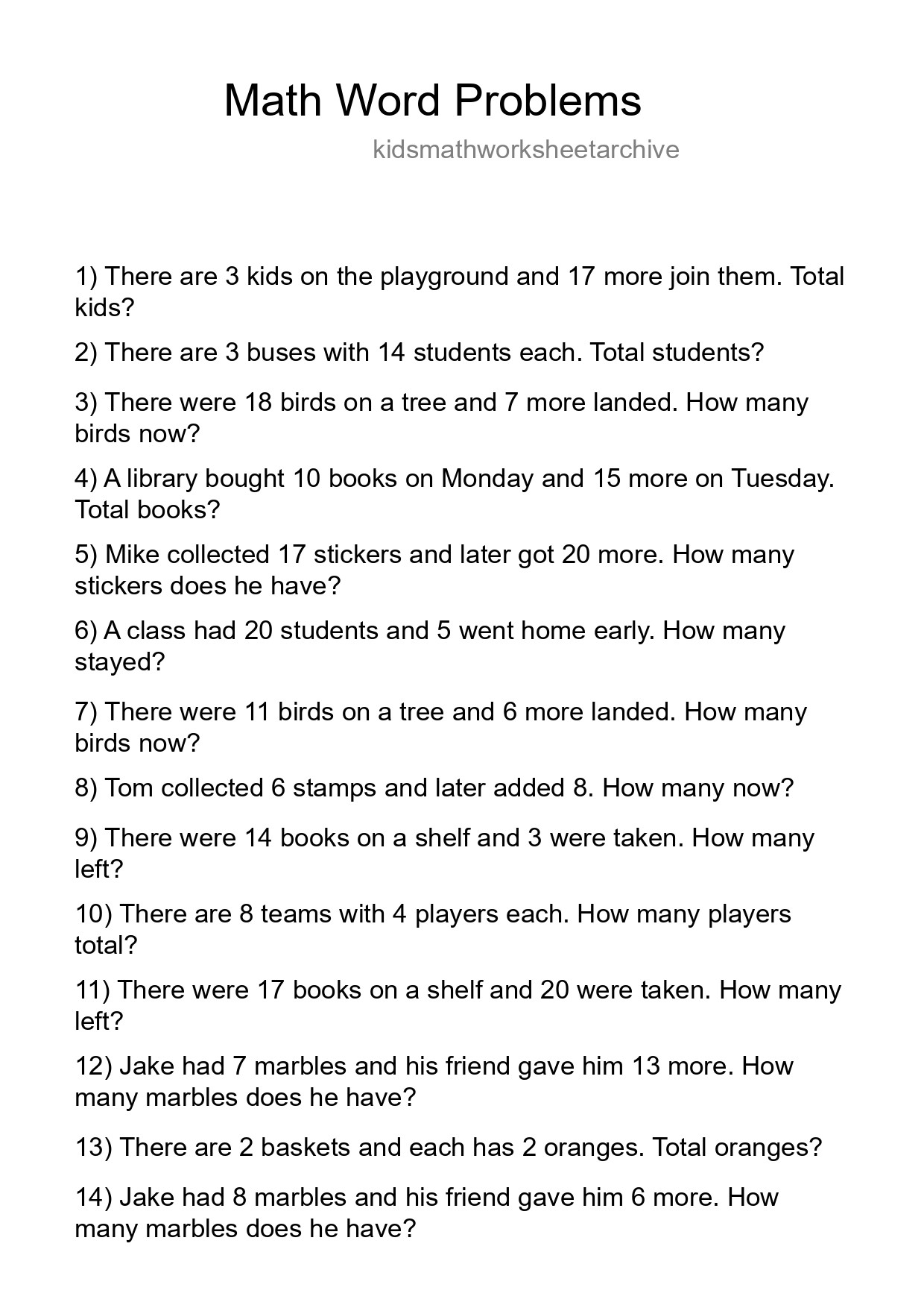 Math Word Problem Worksheet